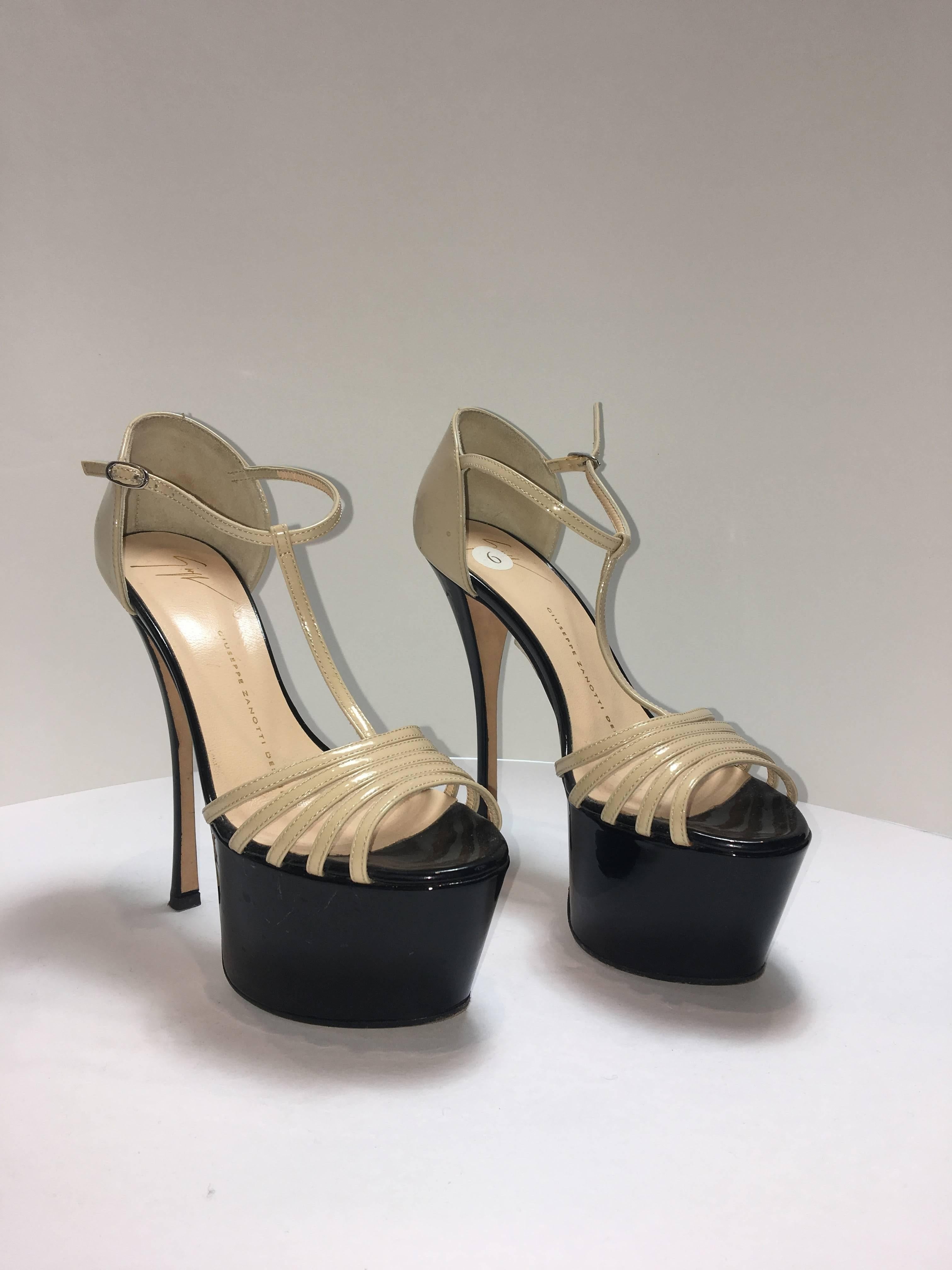 Giuseppe Zanotti T-Strap Heels in Nude and Black Patent Leather. Platform heels in size 37. 