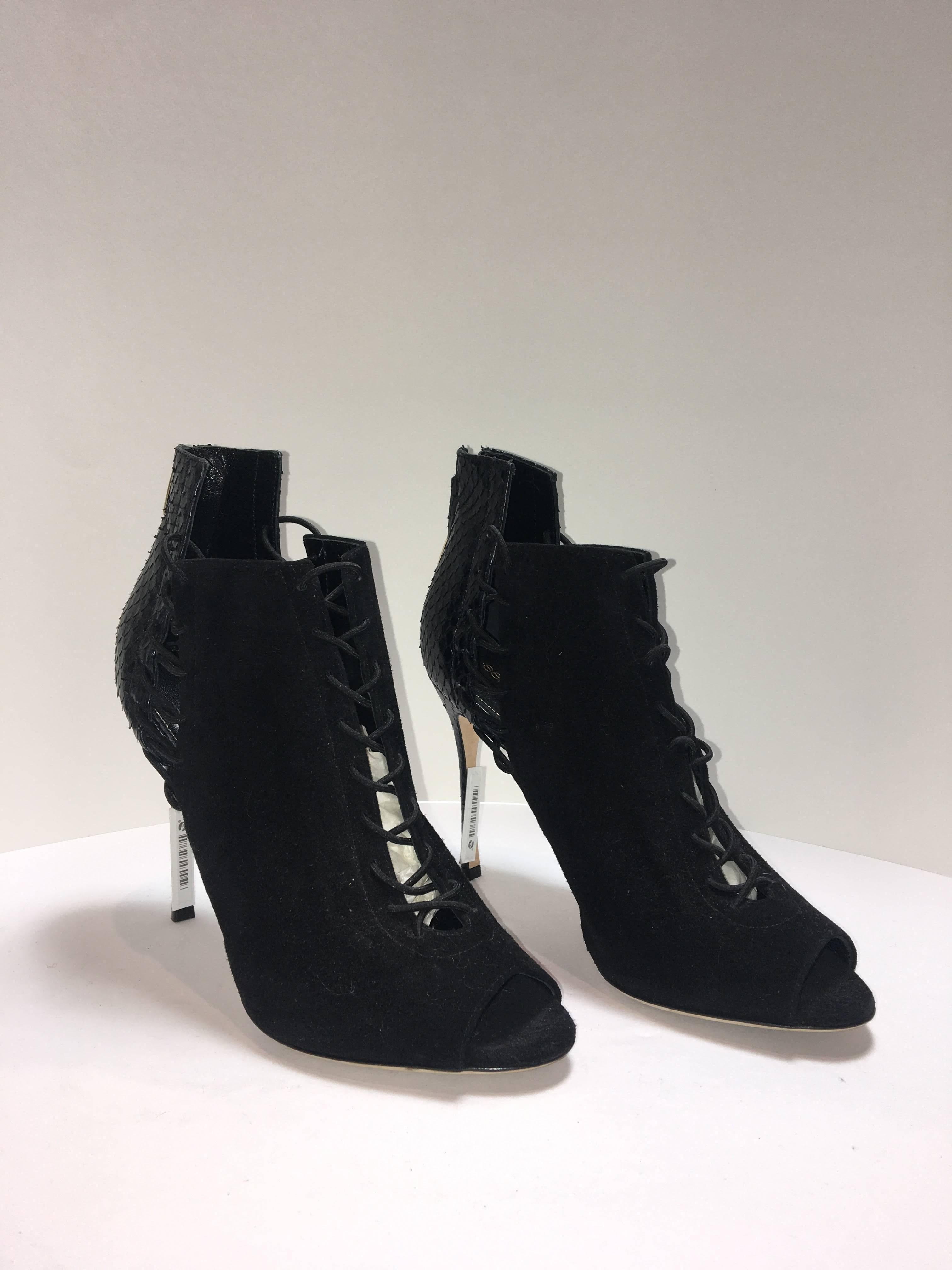 Sergio Rossi Open Toed Booties in Black Leather. Python details with criss-cross lace up. 