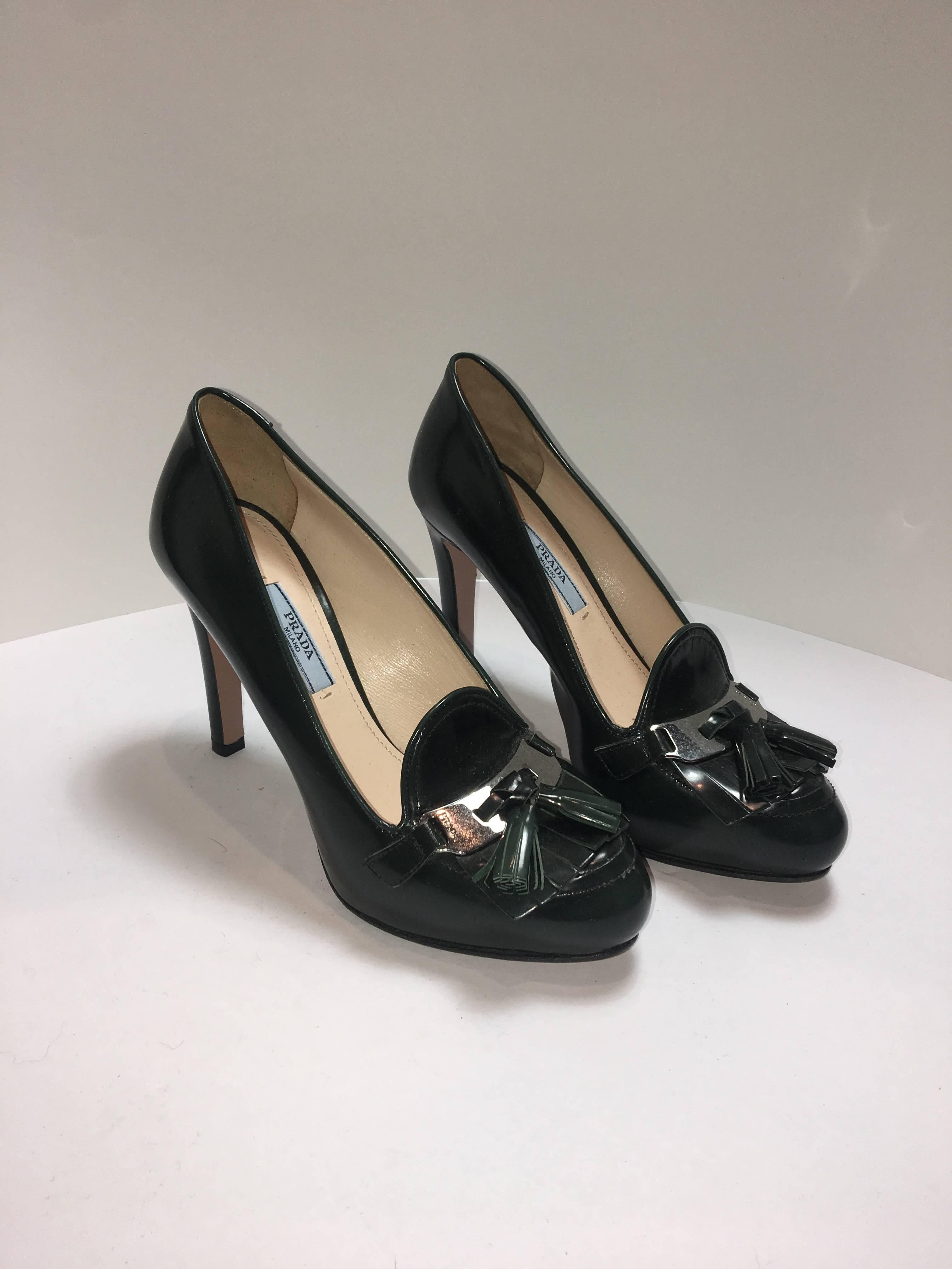 Prada Green Glazed Patent Leather with Tassel and Silver Toe Detail.