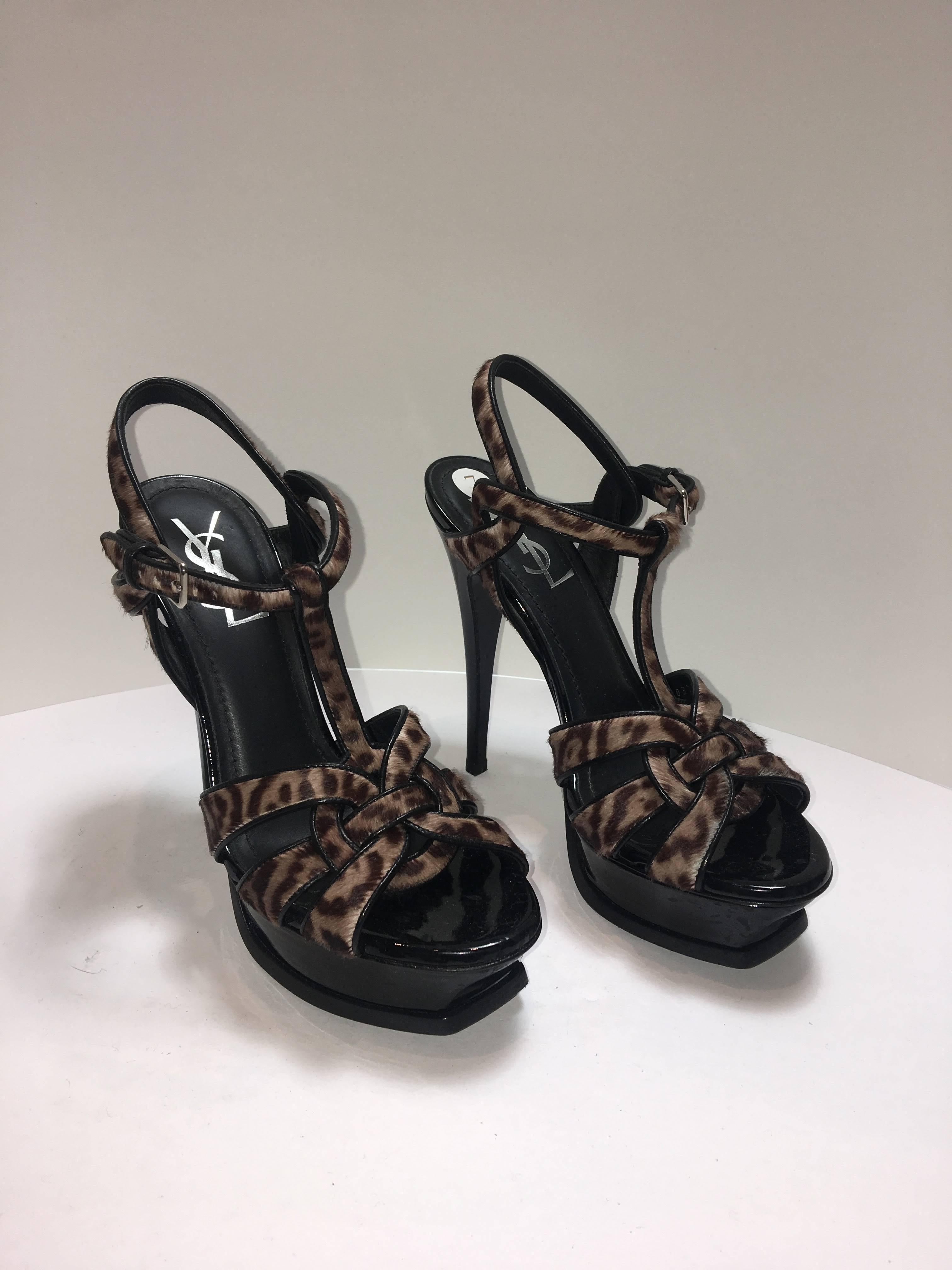 YSL Sandals in size 37. Brown/ Multi Print with Fur. Open toe and Platform sole. 