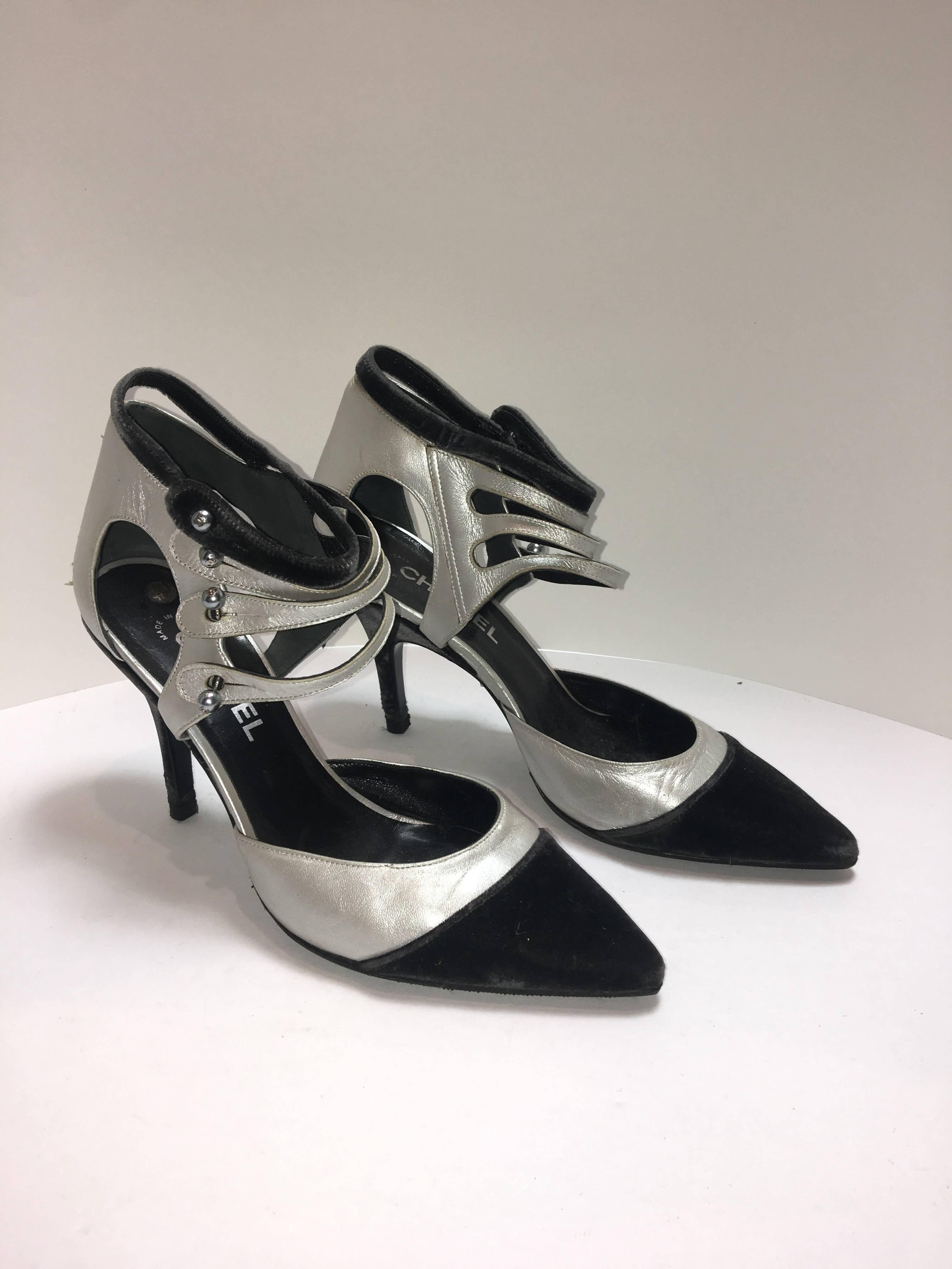 Chanel Black Velvet and Silver Leather Heels. Multi Ankle Straps with a Pointed toe. 