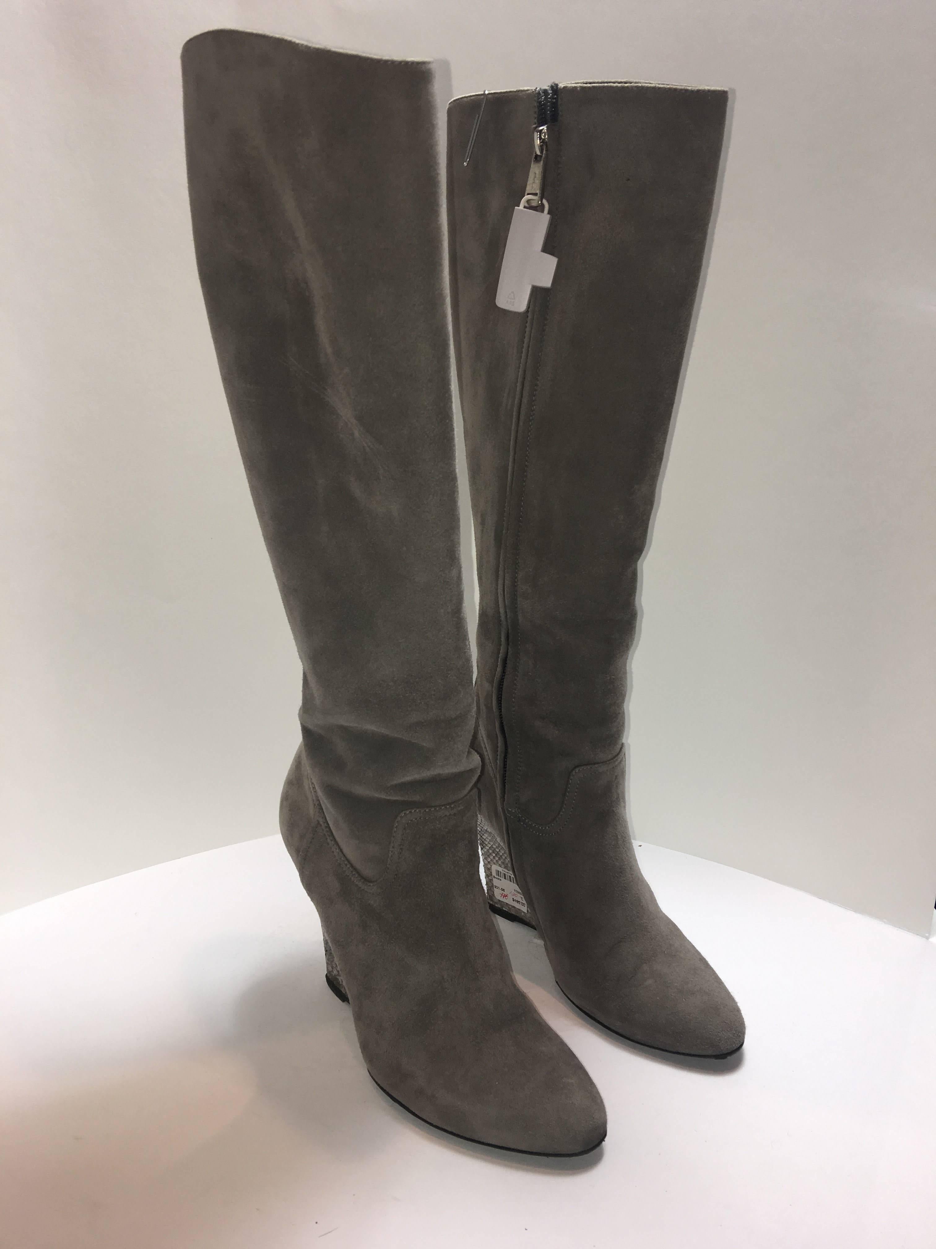 Ralph Lauren Boots in size 8.5. Grey Suede Wedge Boot with Silver Python Heel. 