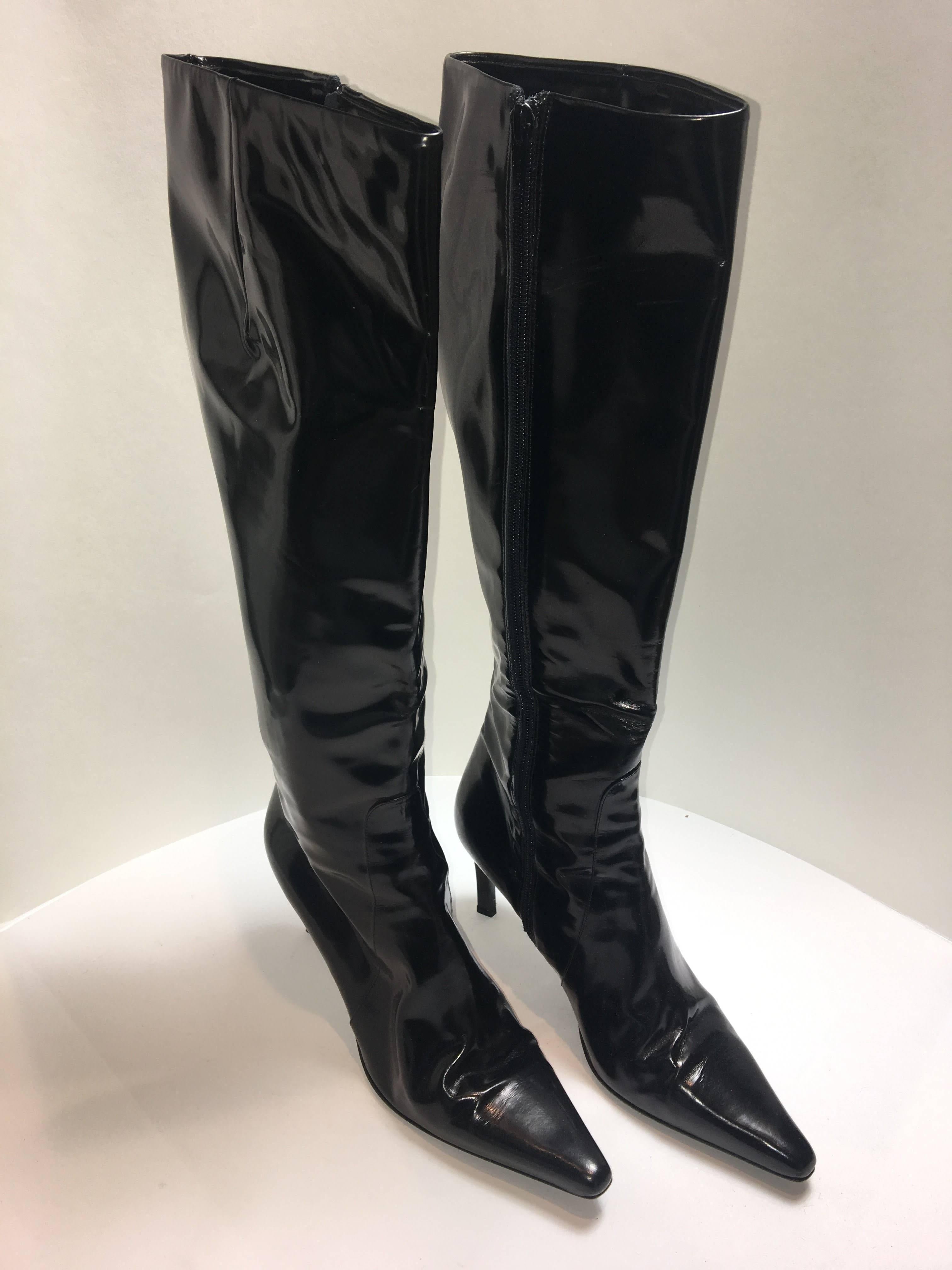 Burberry Black Patent Knee High Leather Pointed Toe Boots with Side Zipper. 