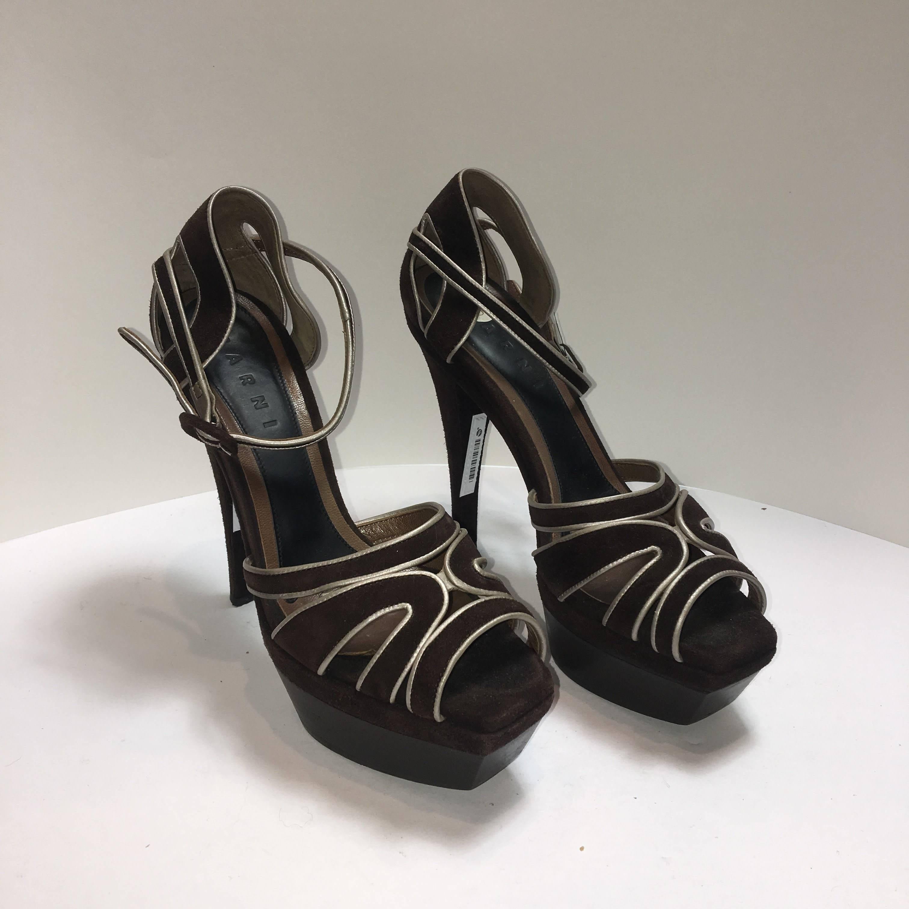 Marni Brown Suede Pumps with Silver Piping. Size 38 Peep Toe with Ankle Strap.