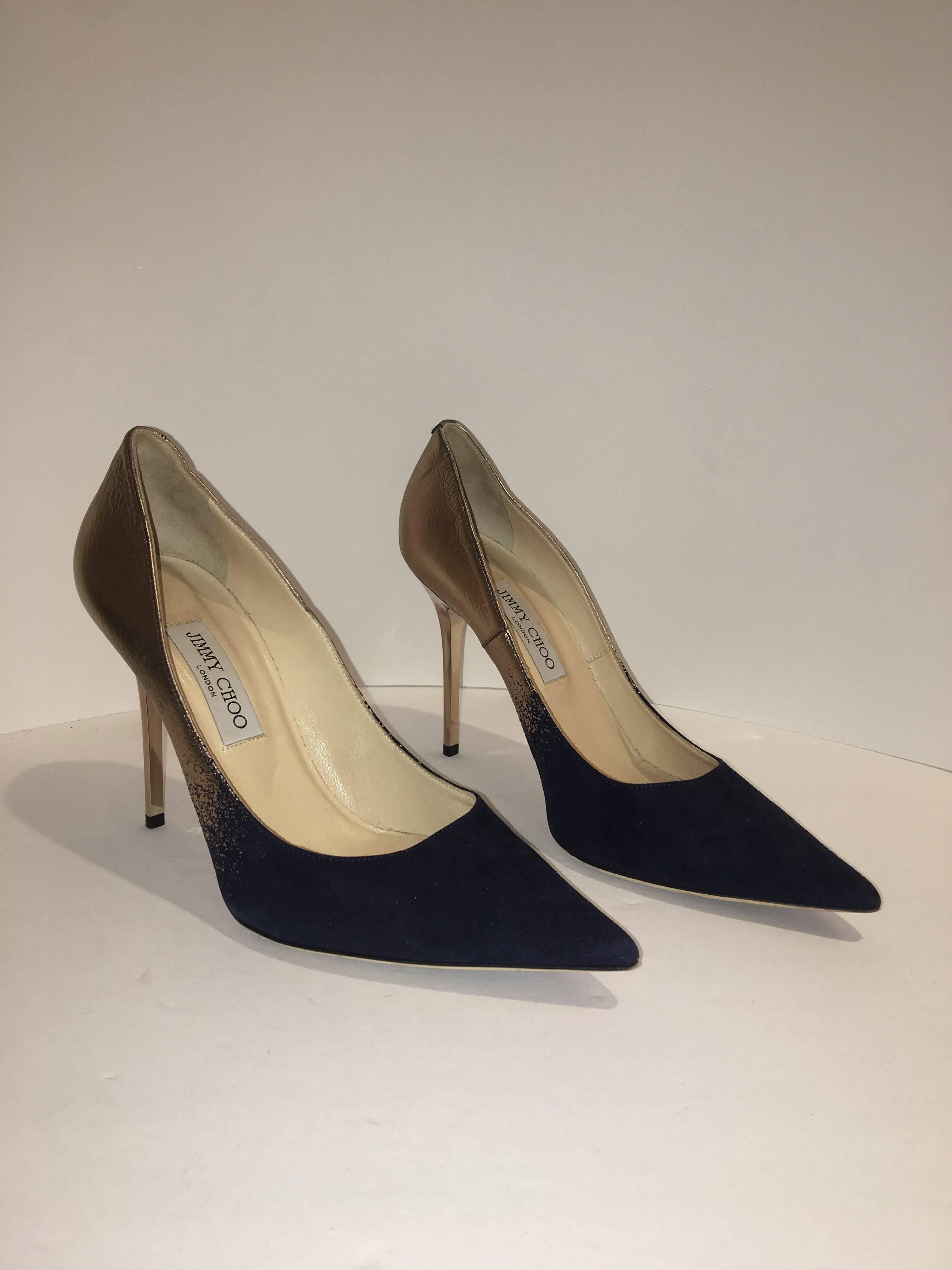 Jimmy Choo Pointed Toe Pumps in Navy Suede with Gold ombre.
