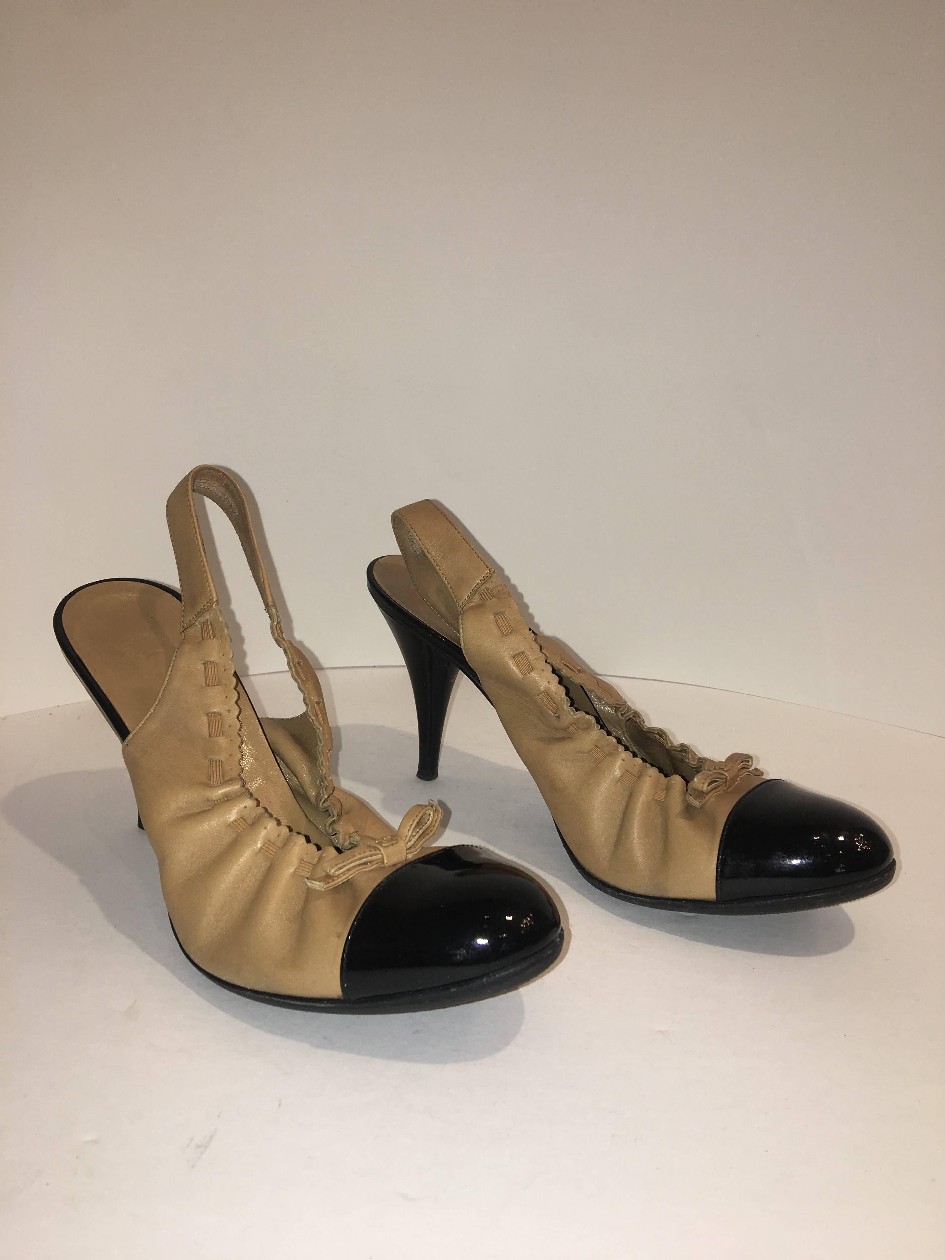 Chanel Elastic Patent Leather Two TonedSling Backs. Black/Tan in size 38.5.