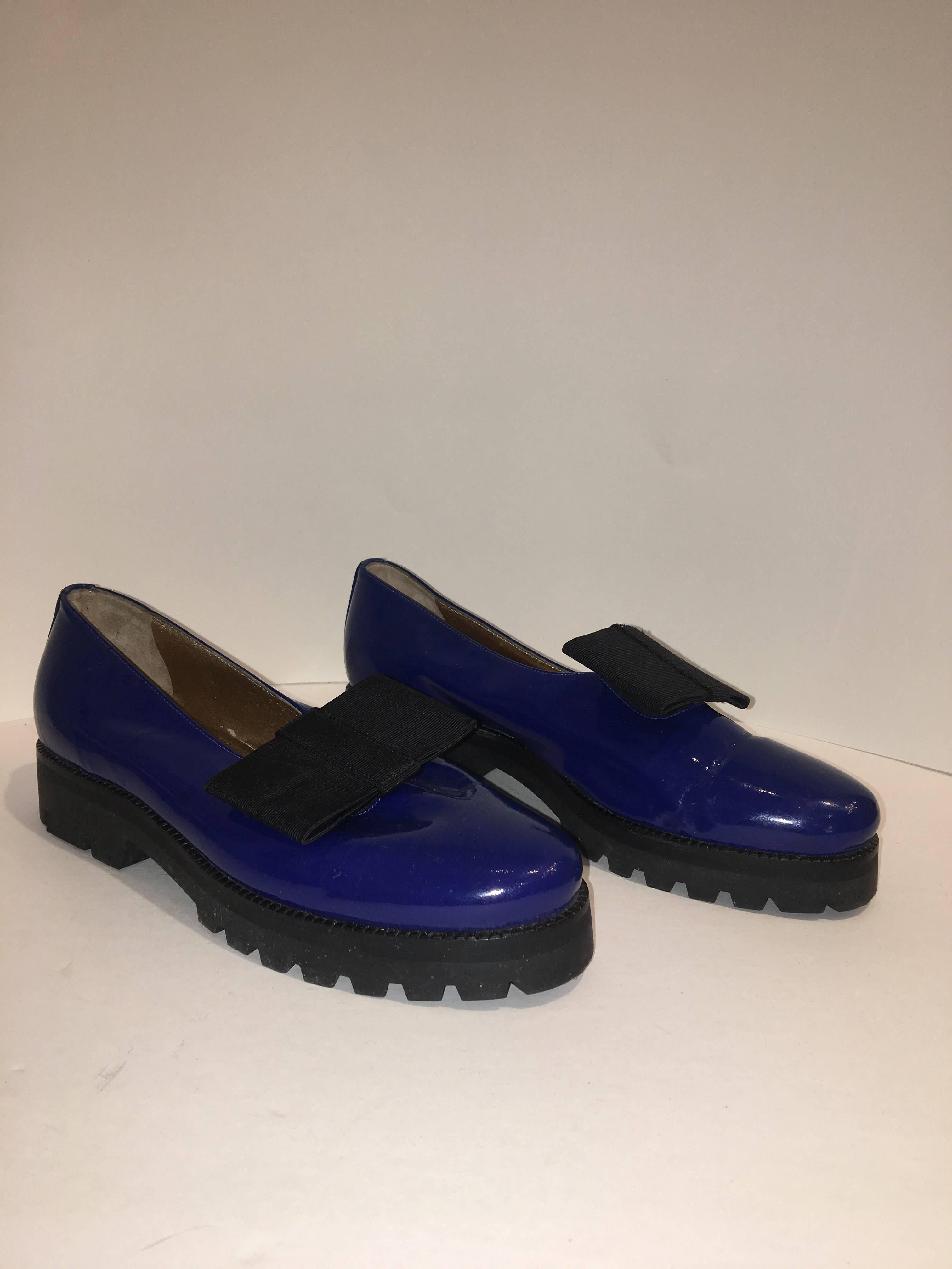 Steiger Lug-Sole Loafer with Bow detail. Royal Blue Patent Leather in size 39 with Black Lug Sole.