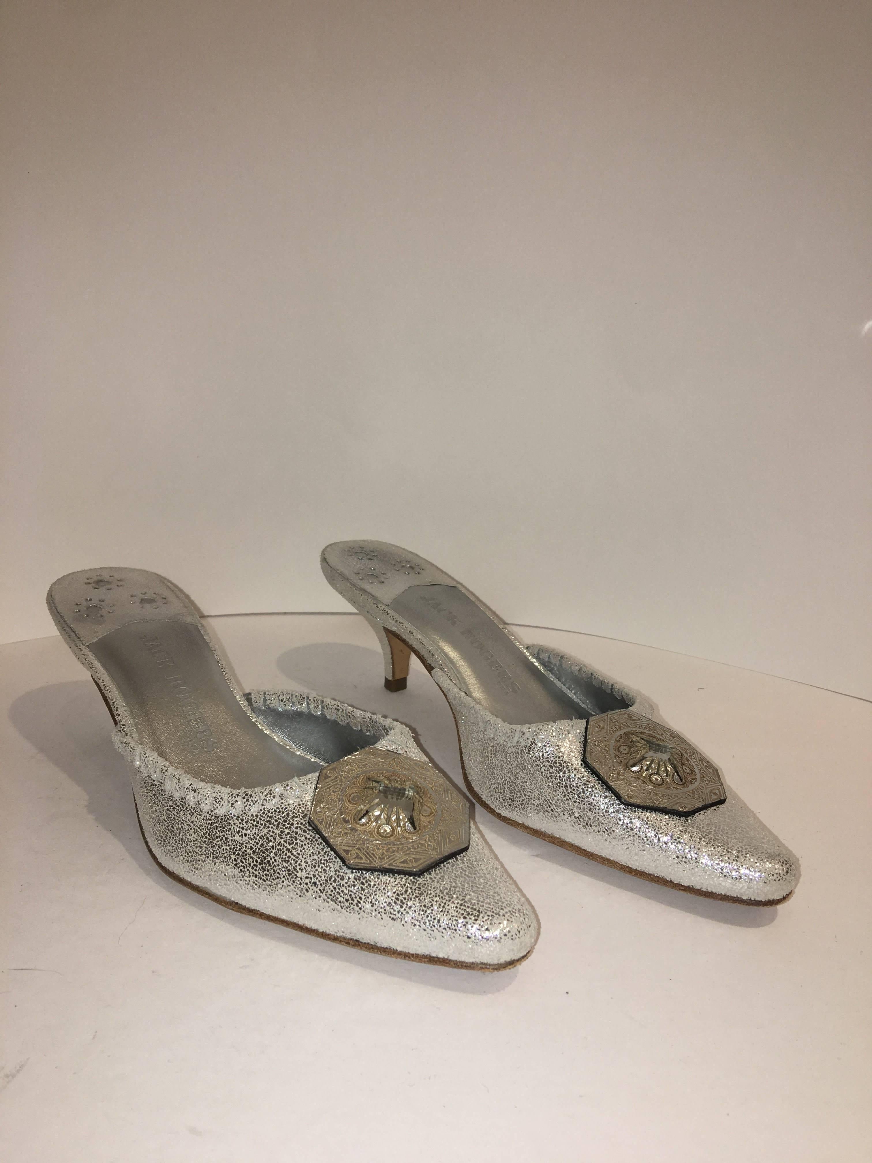 Jack Rogers Pointed Toe Slides with Kitten heel and Silver Rhinestone. Silver Leather in a size 8.