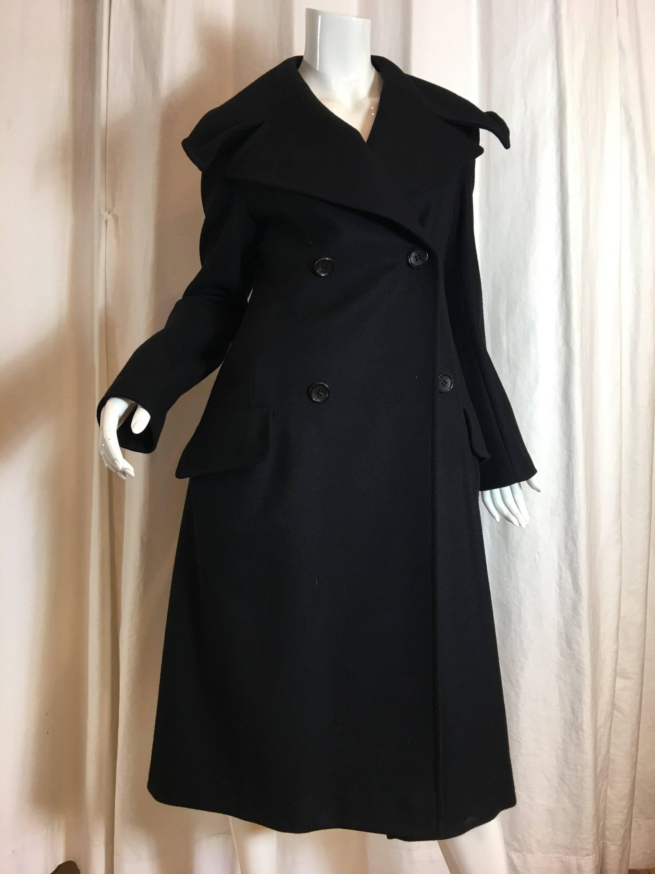Yohji Yamamoto Black Single Breasted Coat with Ruffled Collar. Wool and Cashmere with formable collar.