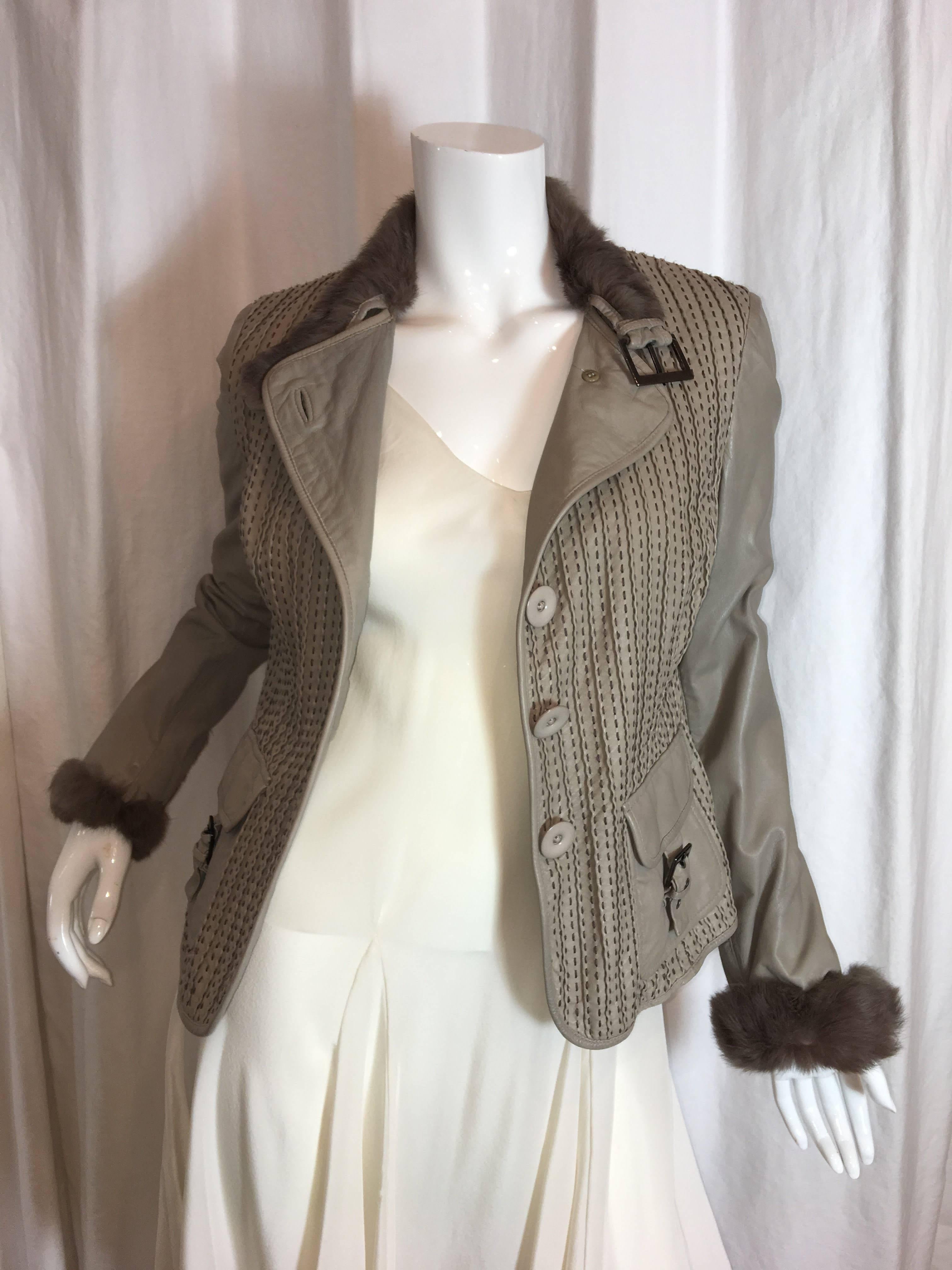 Giorgio Armani Beige Leather Jacket with Verticle Stitch Detail and Fur Collar. 