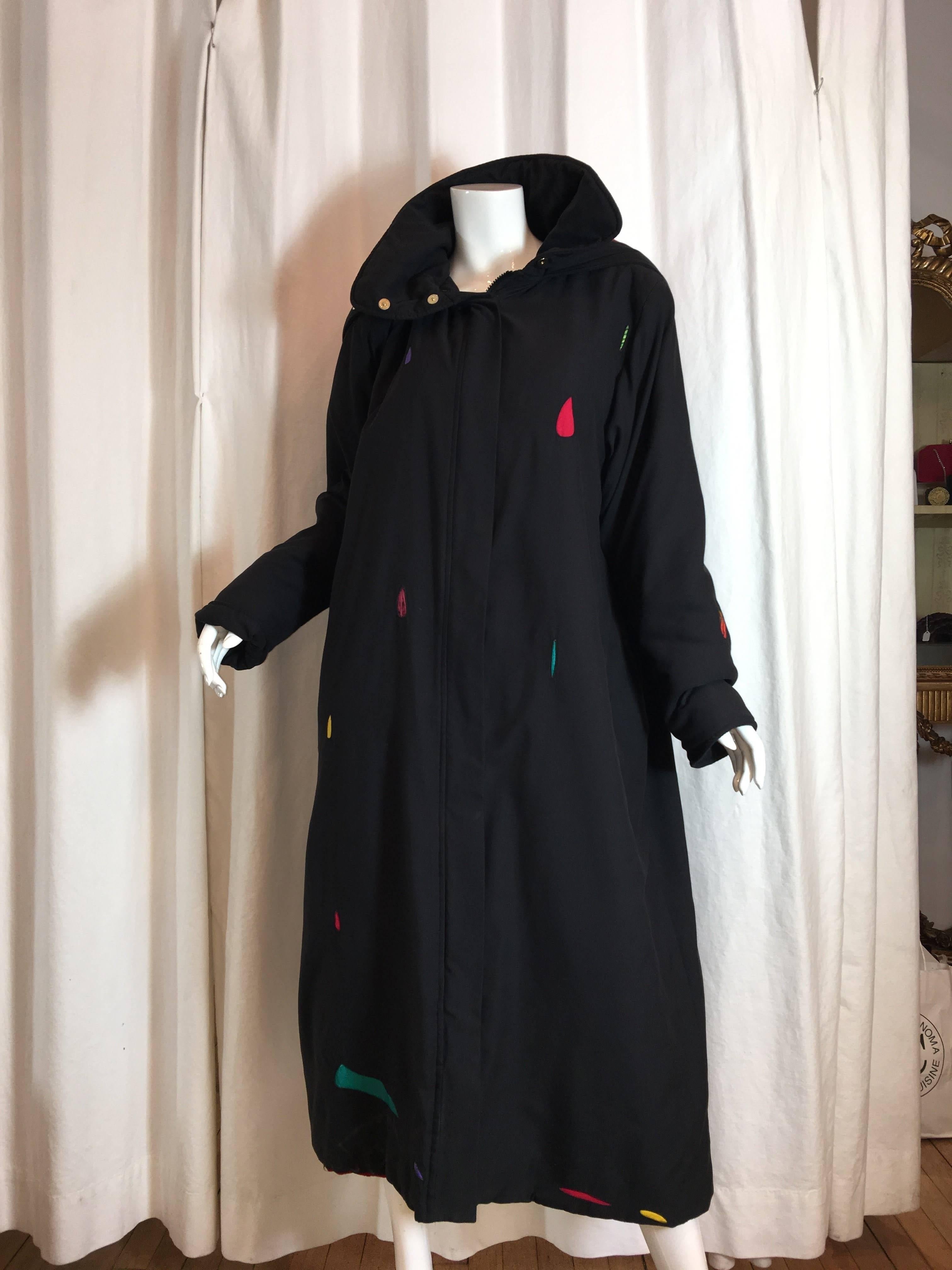 Limited Edition Floor Length Thermal Insulated Coat  eith Multi Colored Clould on Back and Multi-Colored rain drops throughout. 