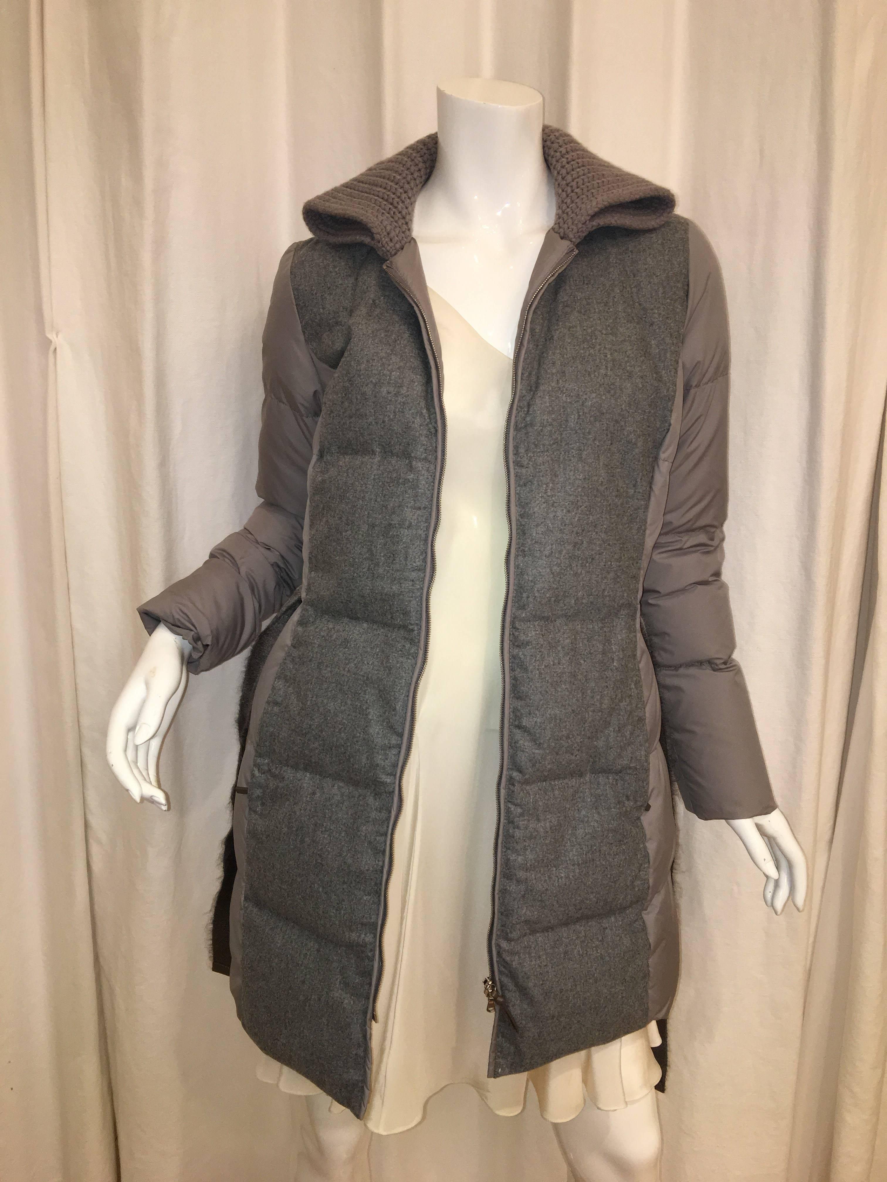 Fabiana Filippi Padded Jacket with Knit Collar iN Grey/ Taupe with Removable Tie Belt. 