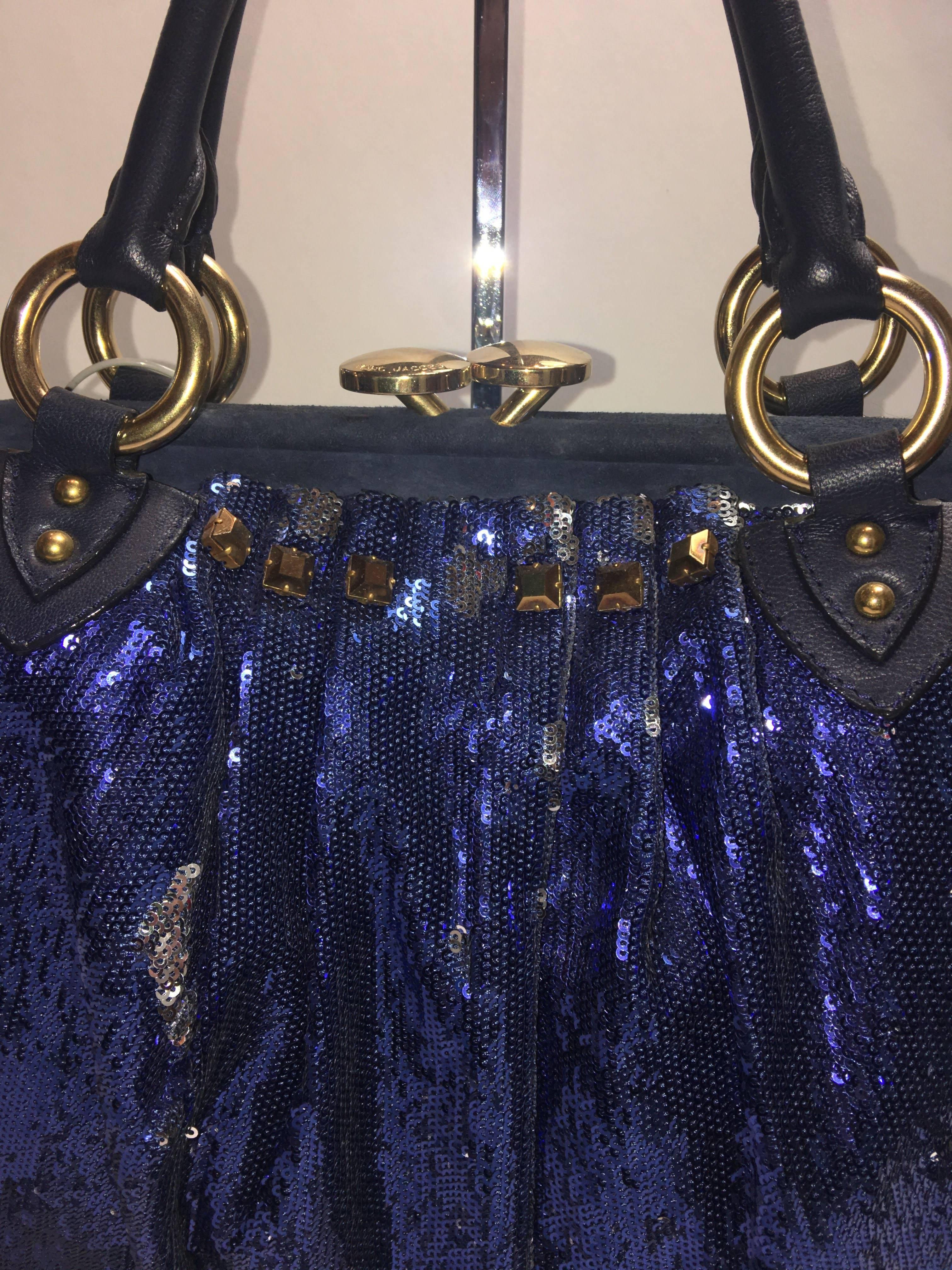 2010 Winter Collection Marc Jacobs Rocker Blue Sequin Stam Bag with Gold Hardware.