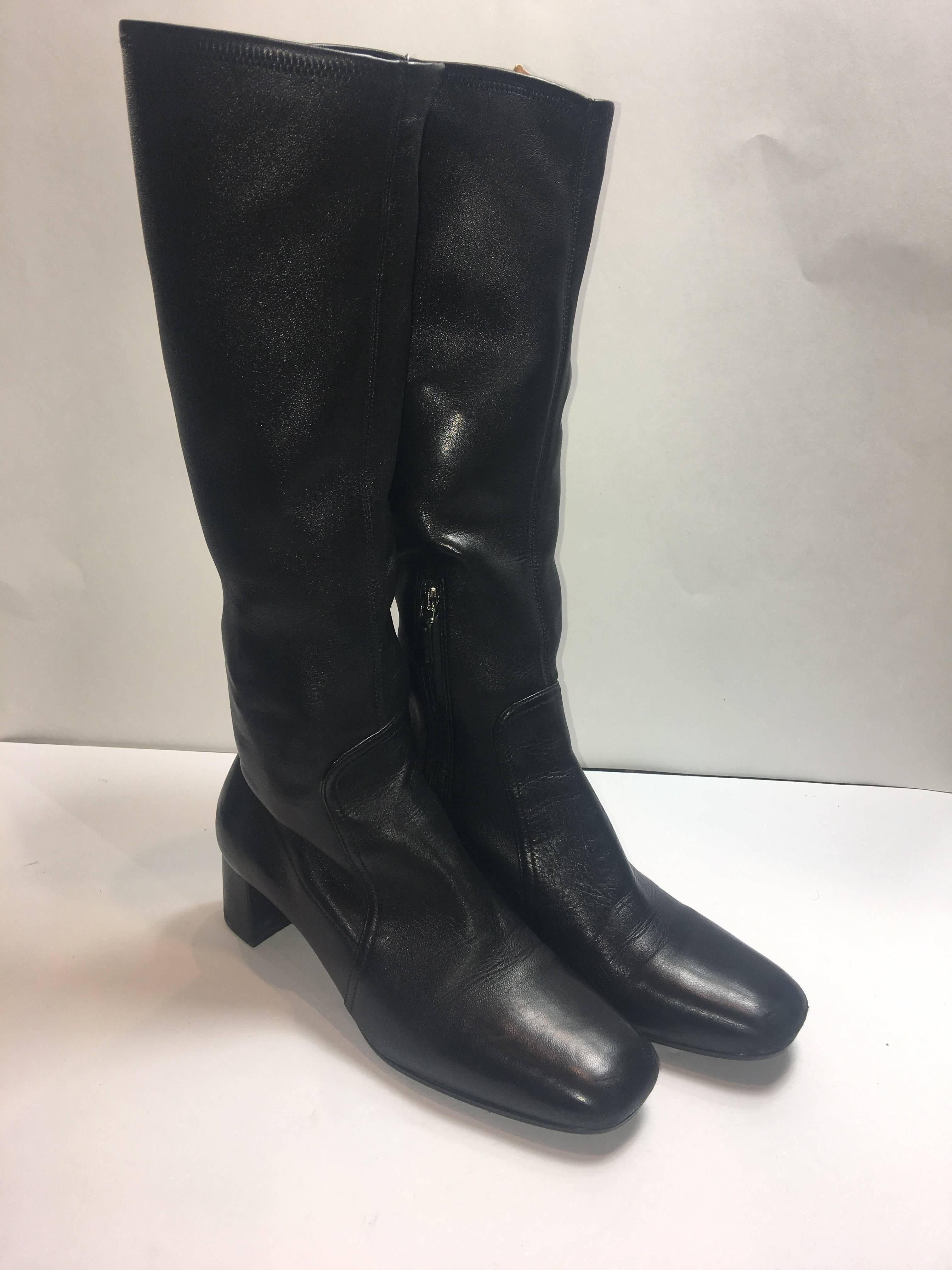 Prada Calf High Boots with Inside Zip, Small Chunk Heel and Squared Toe. 