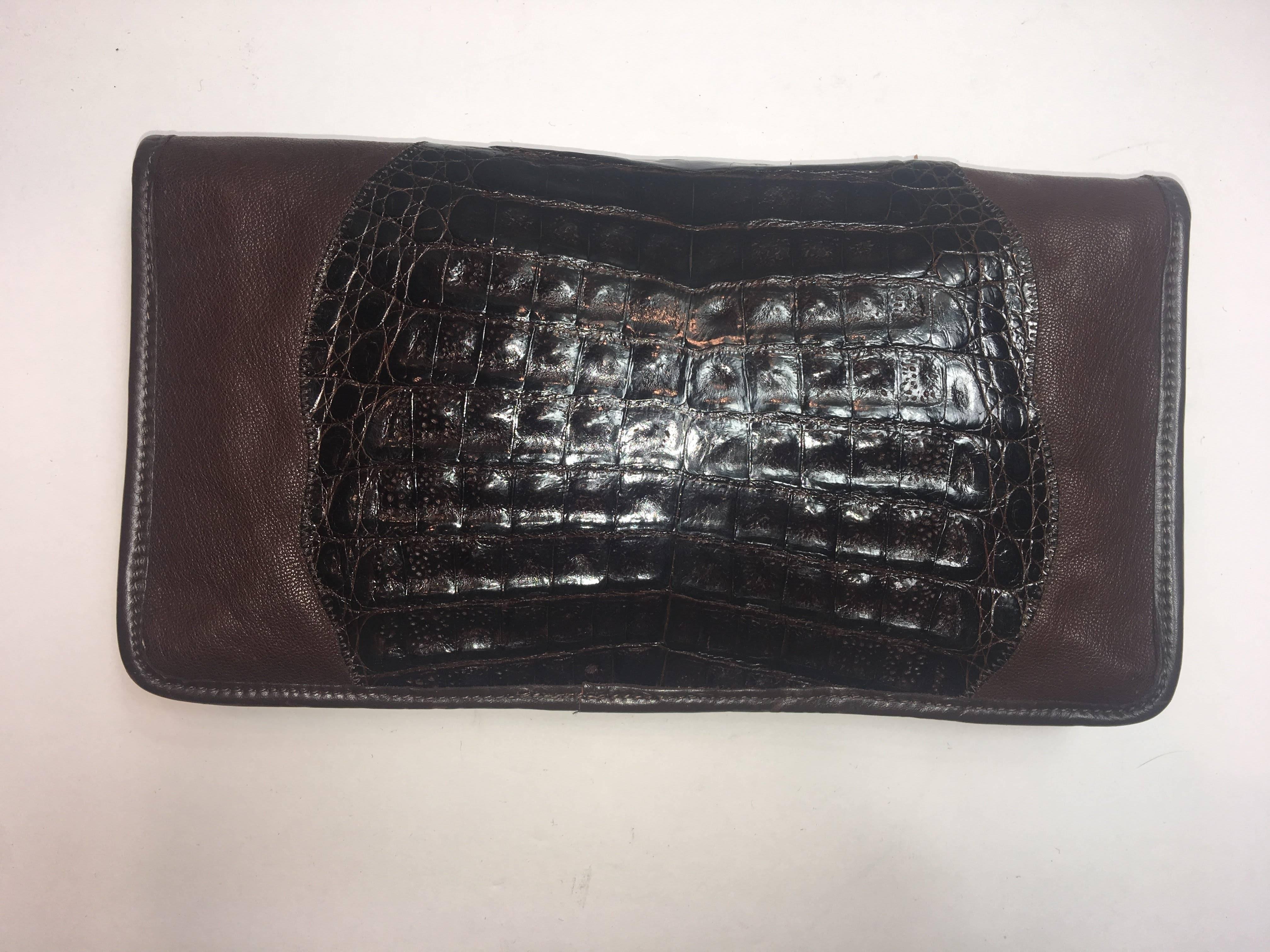 Carlos Falchi Leather Clutch with Alligator Detail. 