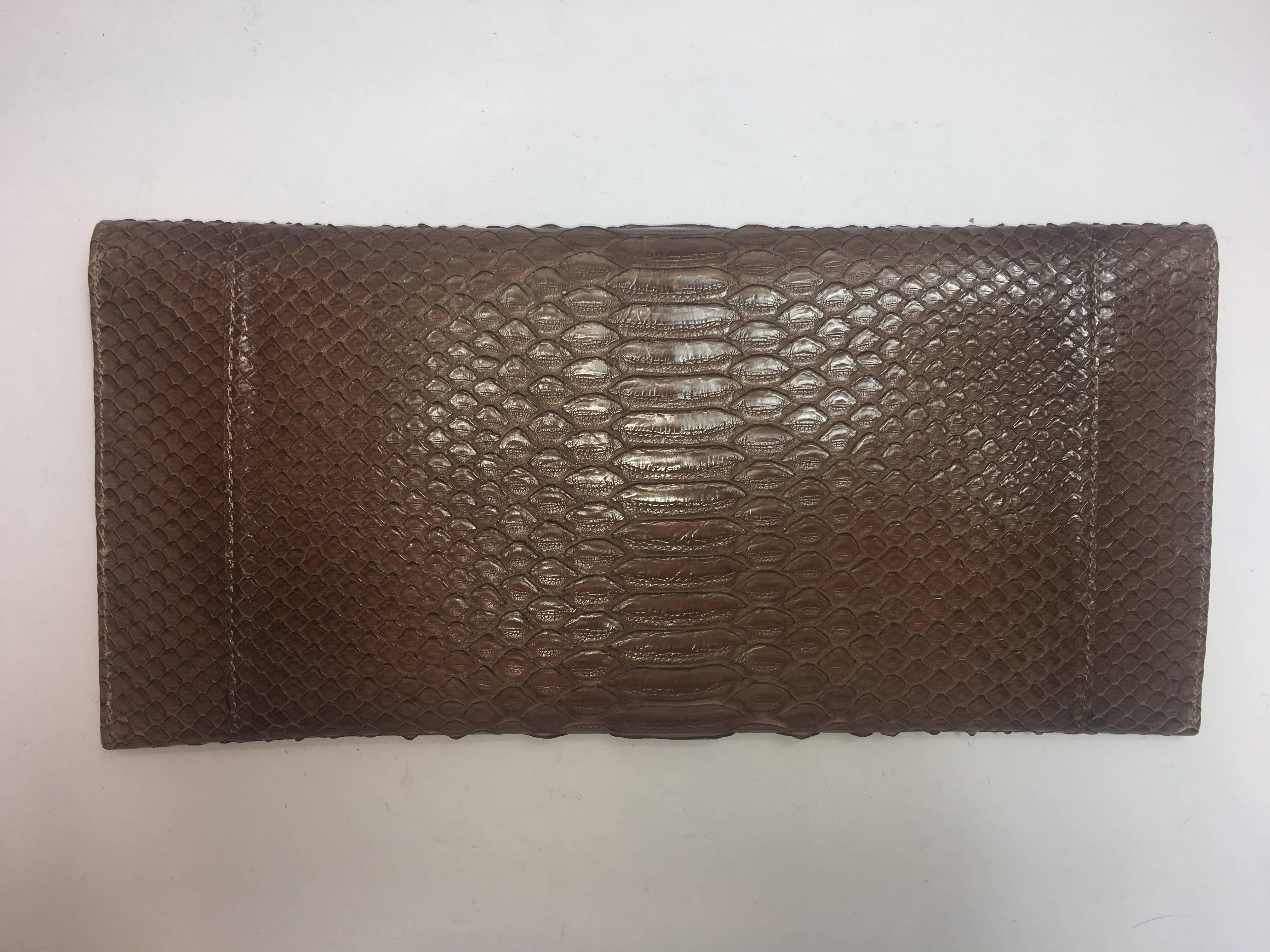 Carlos Falchi Brown Python Envelope Clutch with Magnetic Flap Closure and Gold Curb Link Chain Strap. 