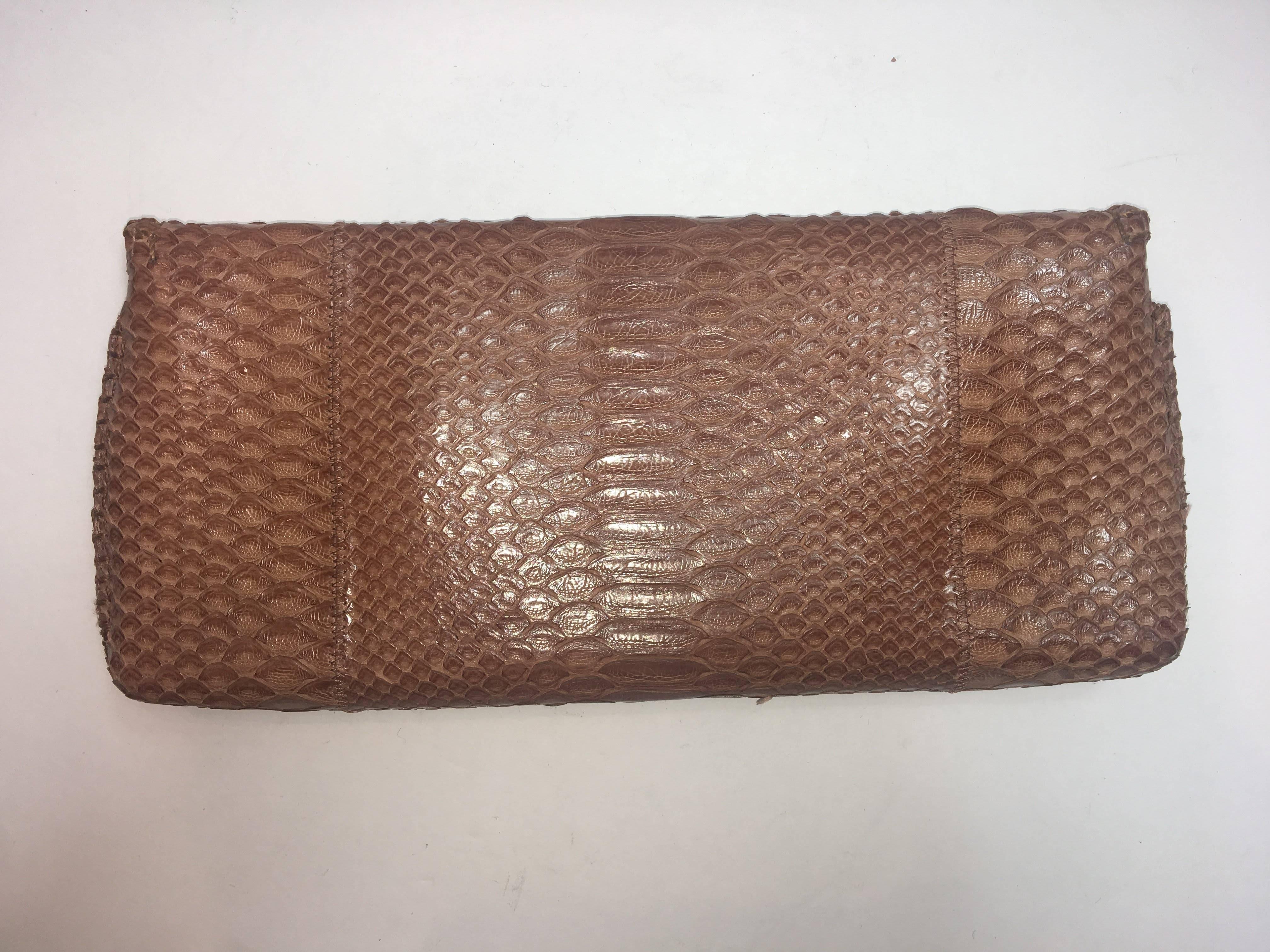 Carlos Falchi Brown Python Envelope Clutch with Magnetic Flap Closure and Gold Curb Link Chain Strap. 