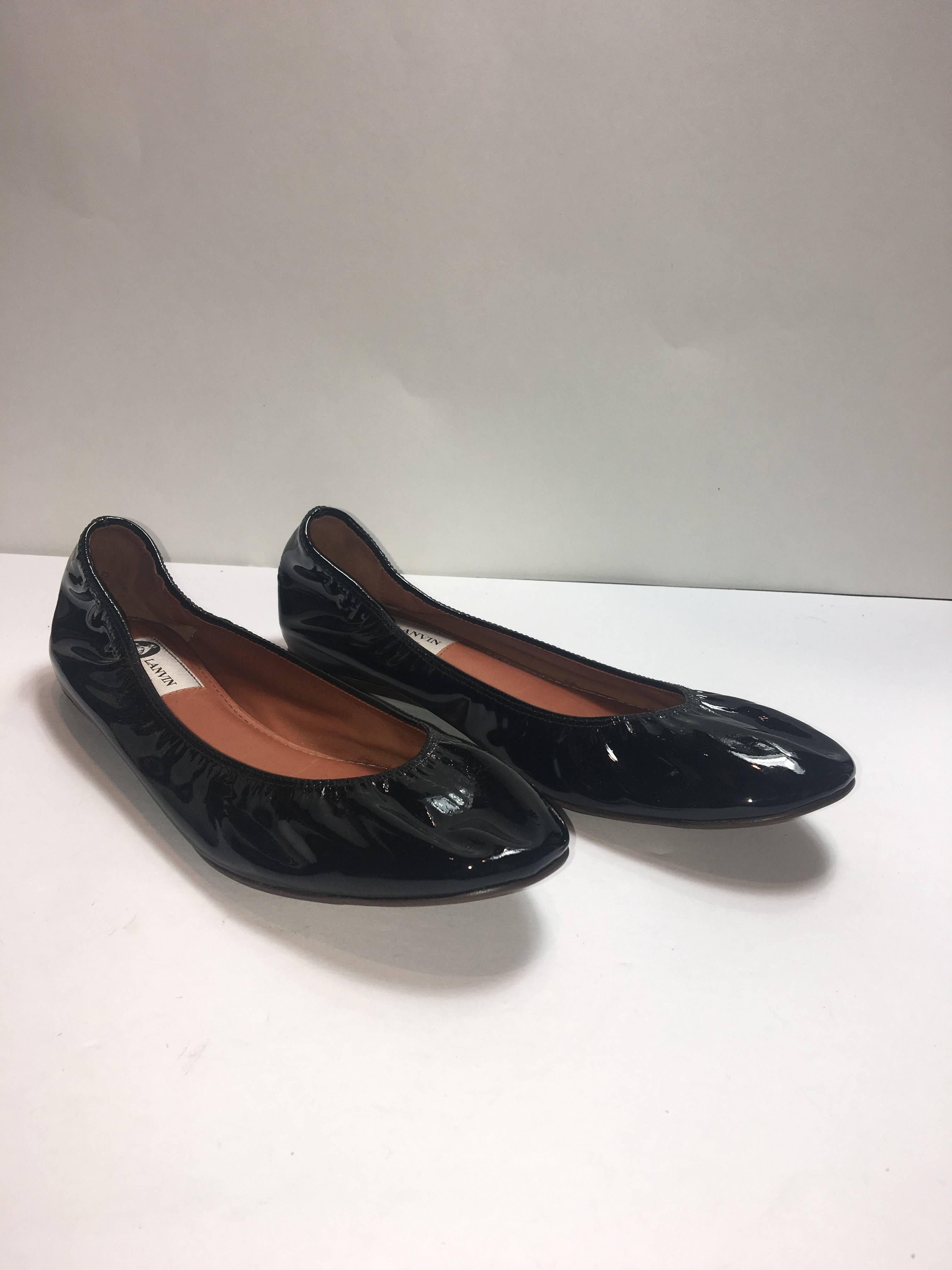 Lanvin Black Patent Leather Round Toe Ballet Flats 