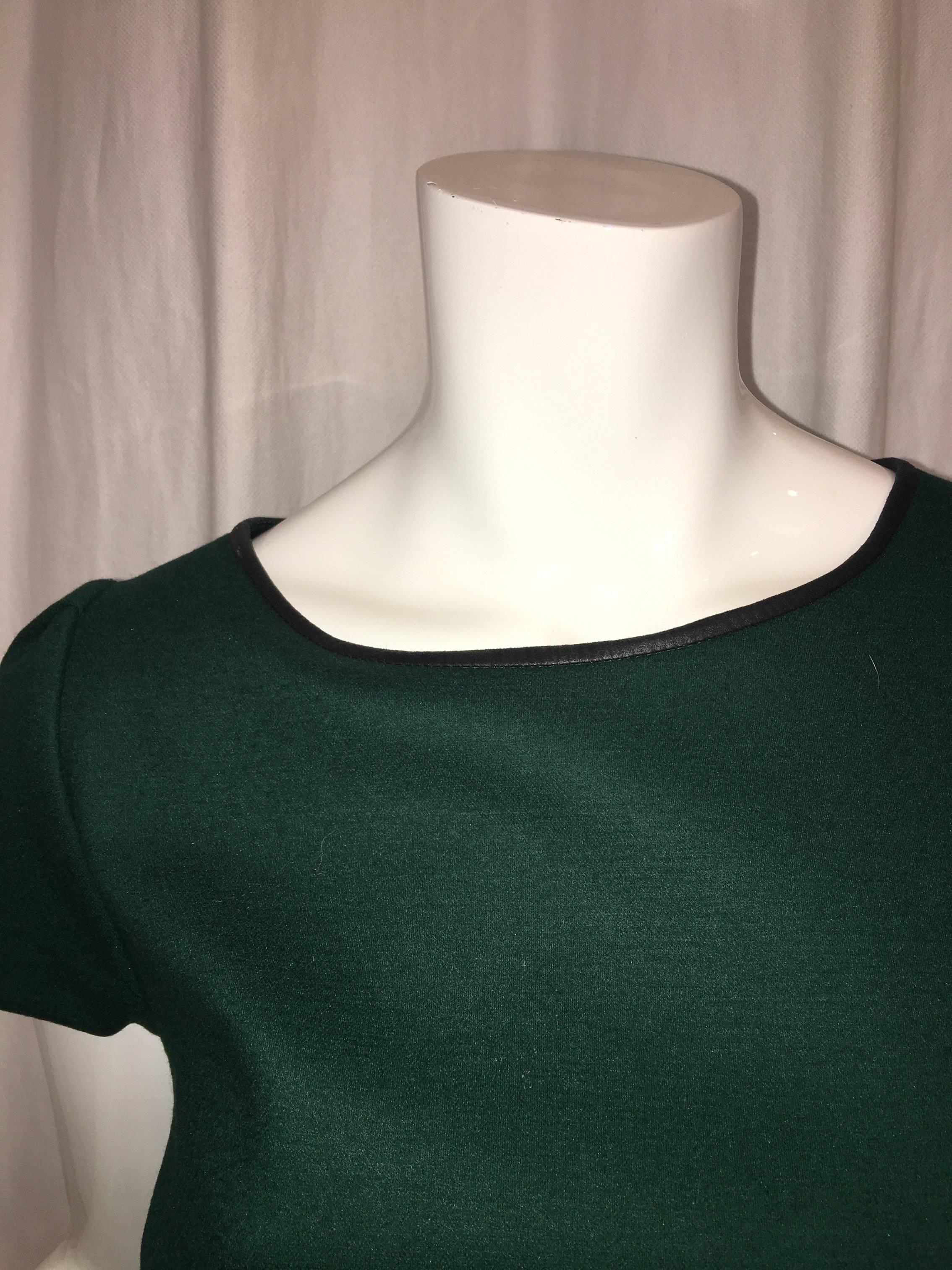 Elie Tahari Emerald Wool Dress with Cap Sleeves, Leather Neck Lining and Back Zipper.