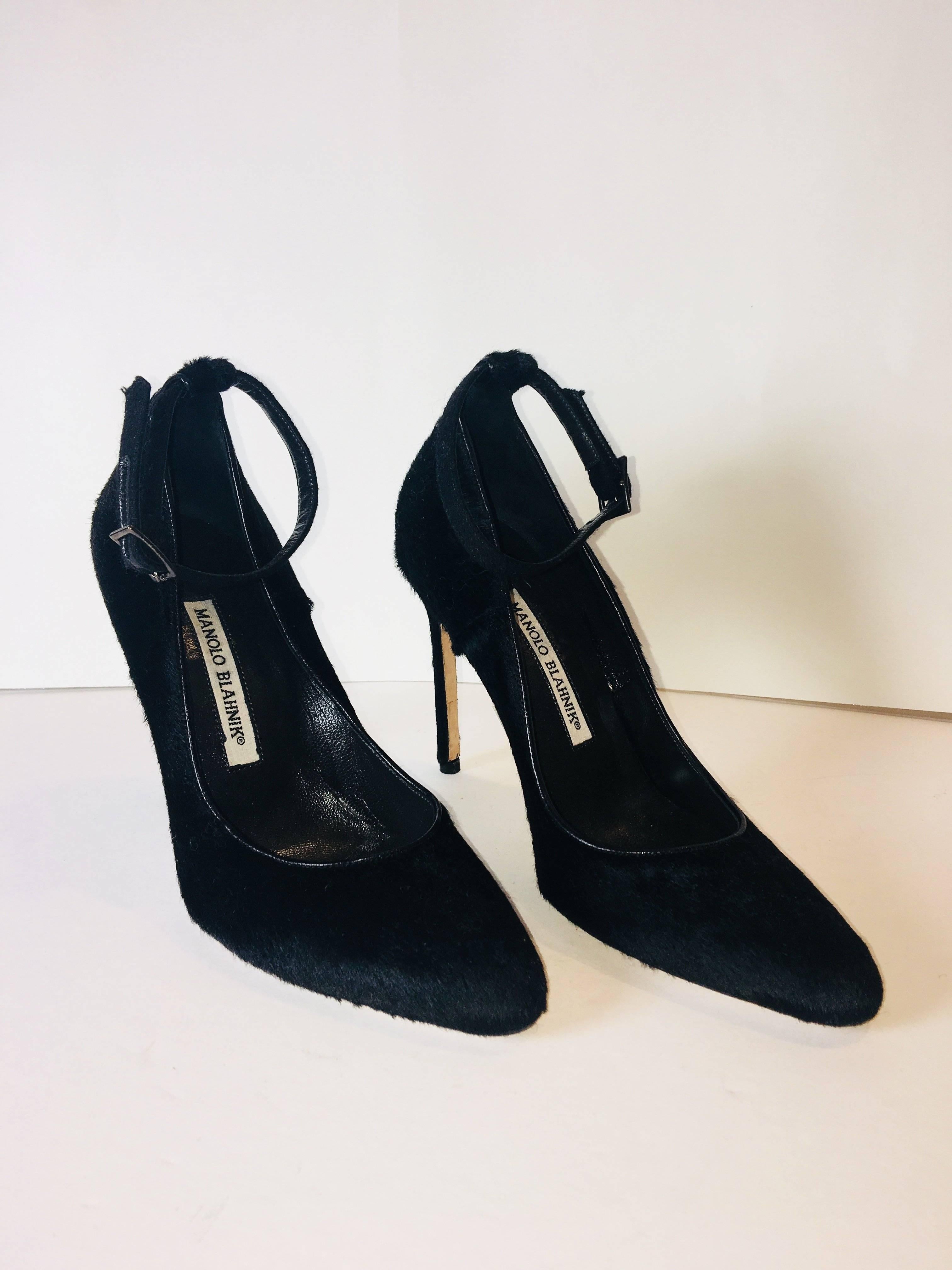 Manolo Blahnik Ankle Strap Heels with Calf Hair. 