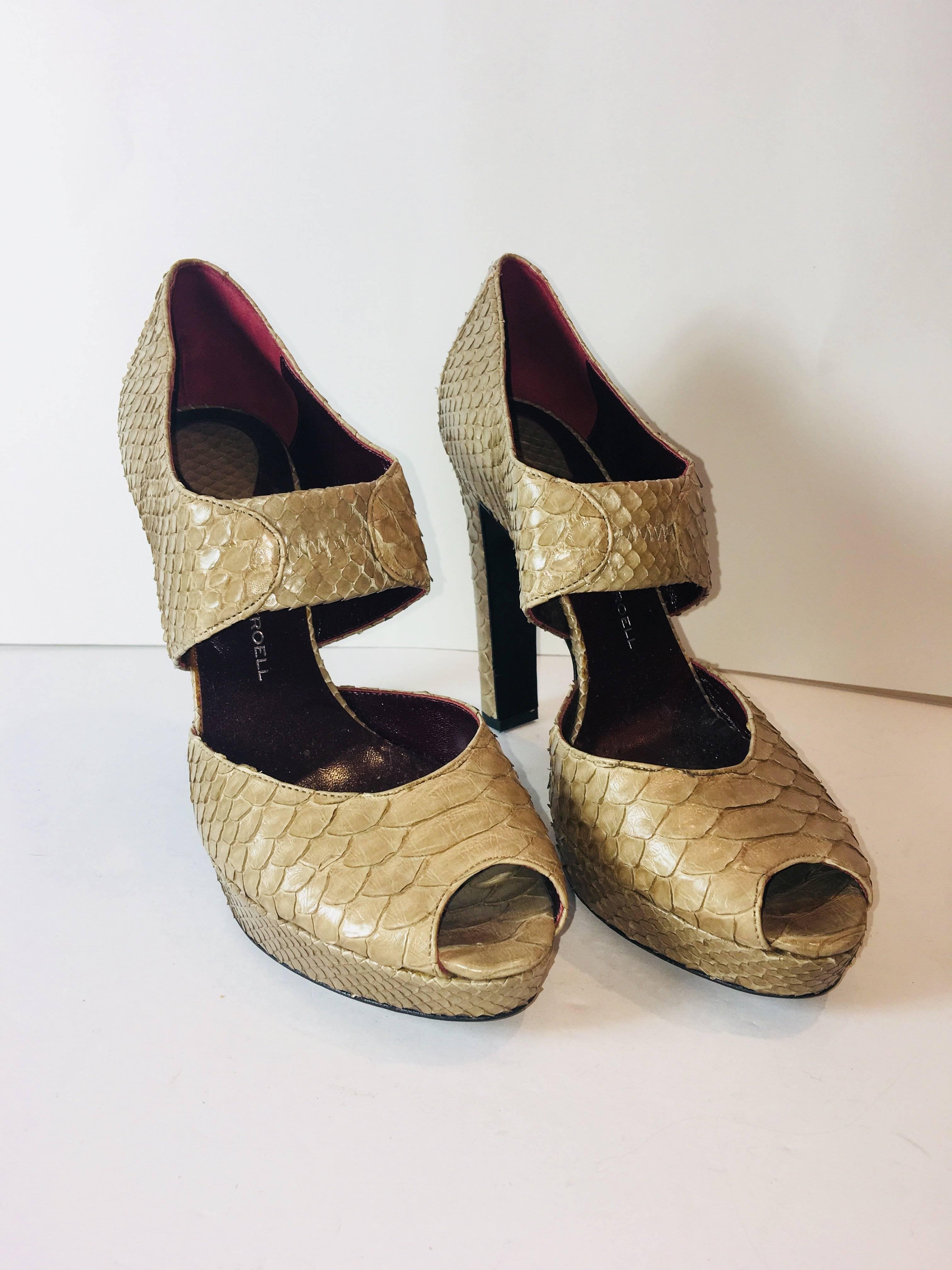 Devi Kroell Tan Python Peep Toe Platforms with Thick Heels and Ankle Strap.
