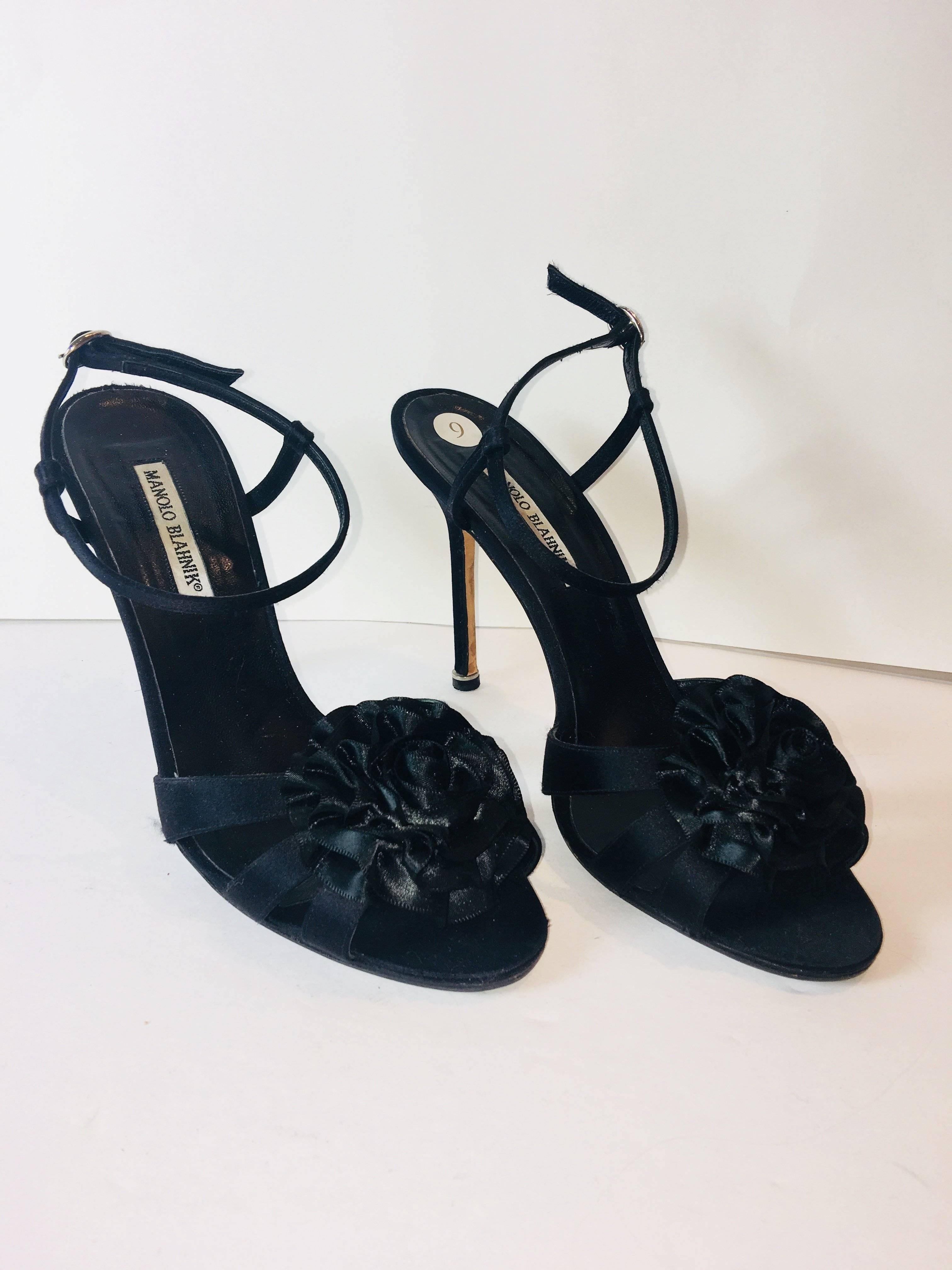 Manolo Blahnik Satin Ankle Strap Heels with Large Flower At Toe.