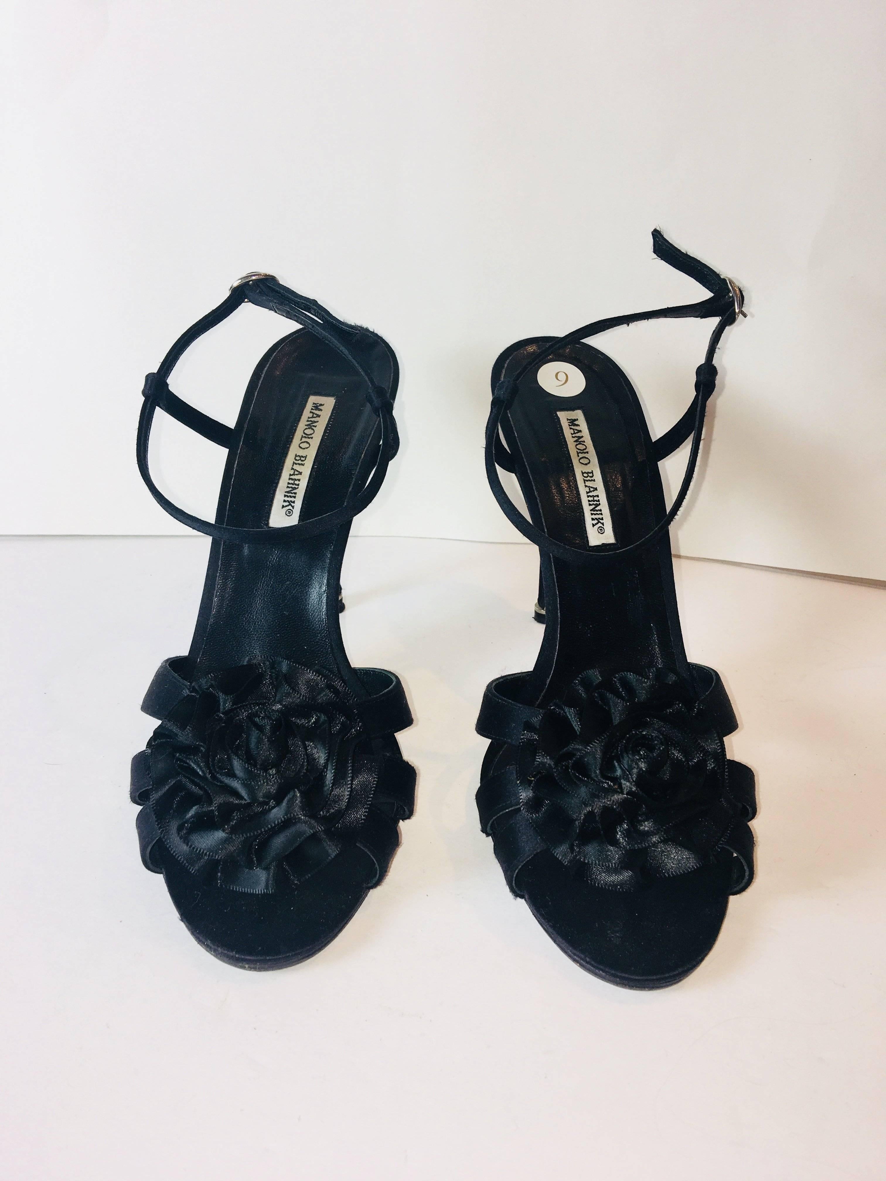 Black Manolo Blahnik Ankle Strap Flower Heels