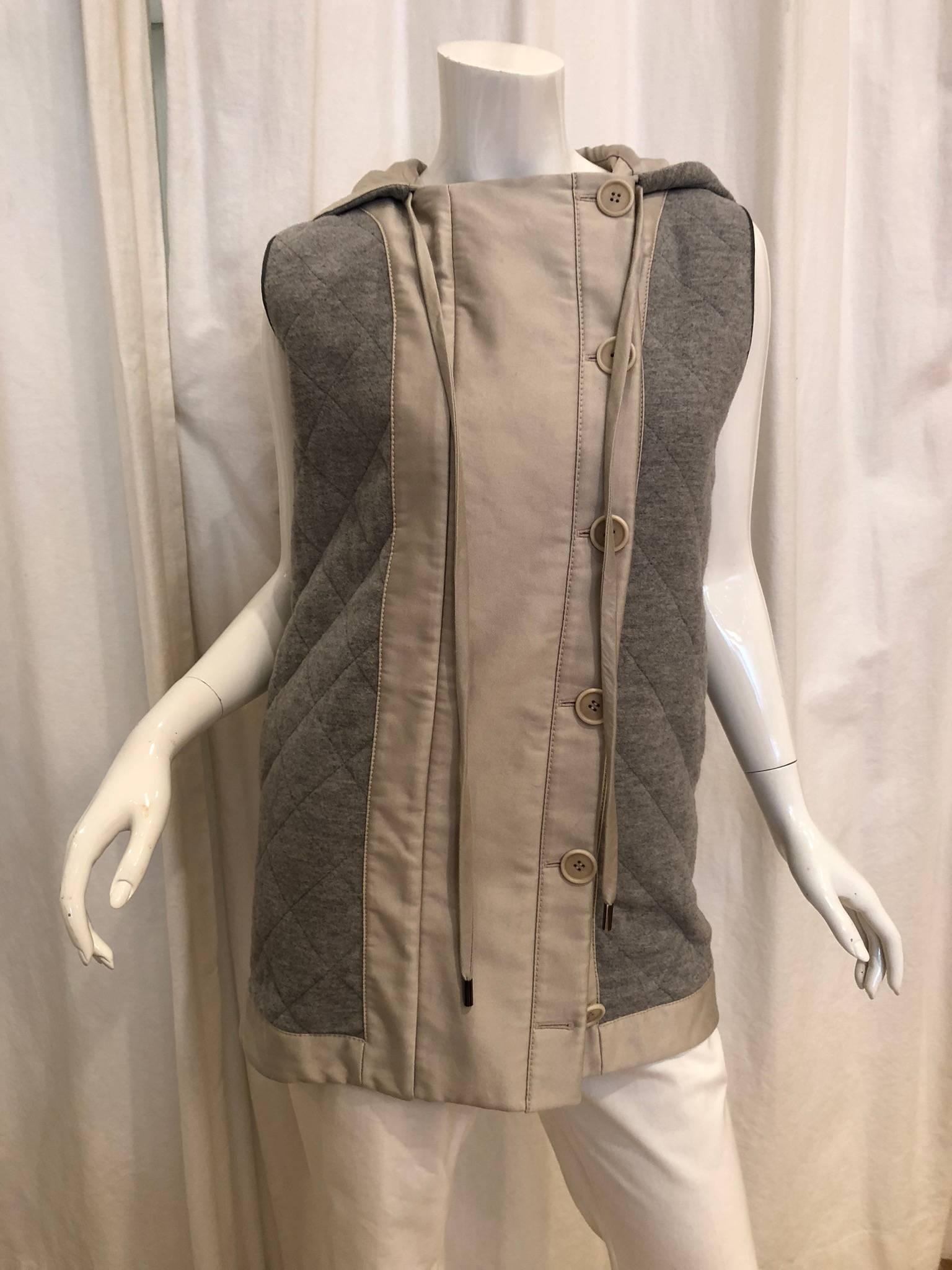 Stella McCartney Button-Down Hooded Quilted Vest with Grey and Beige Colorblock.