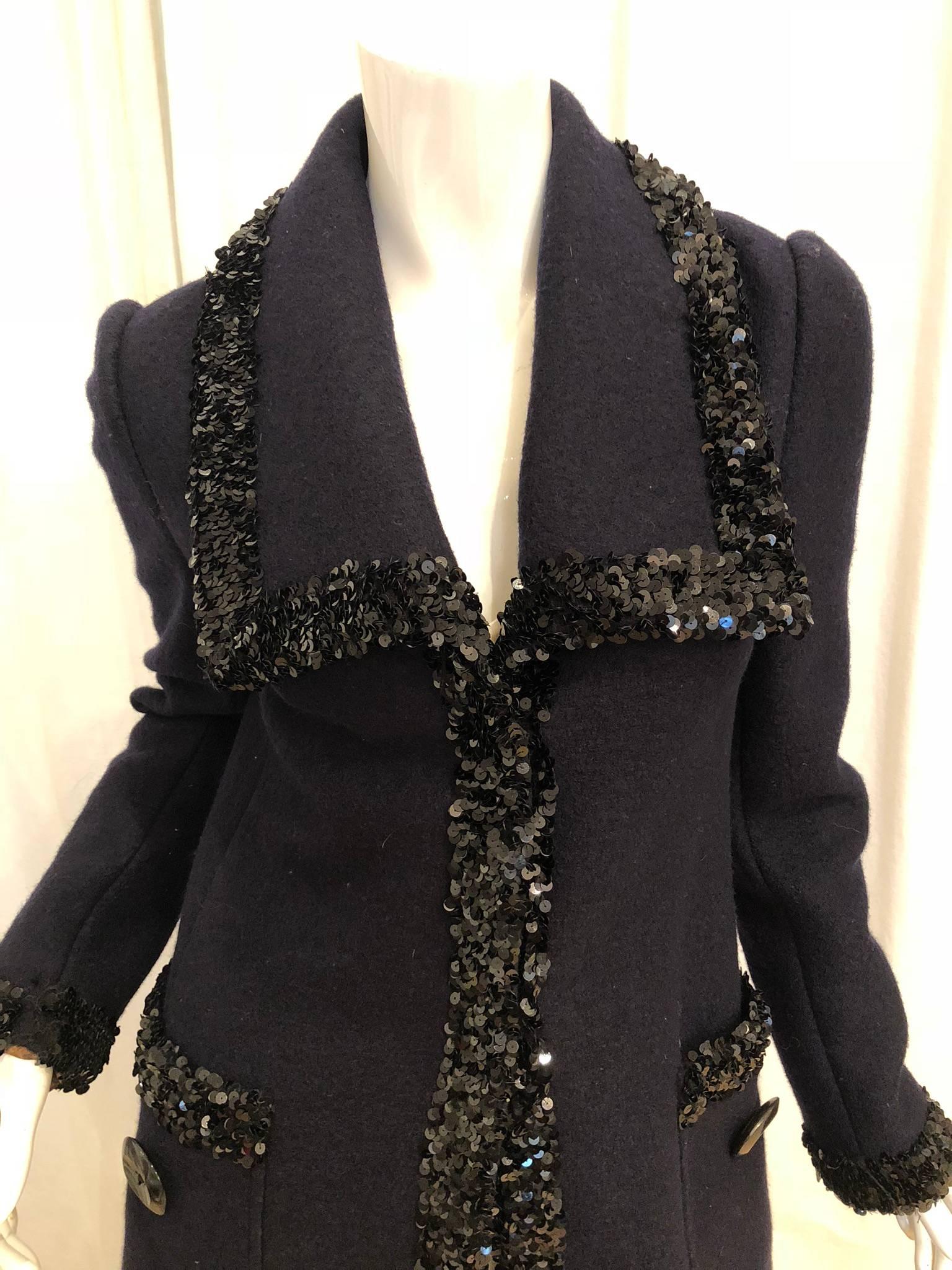 Dolce & Gabbana Black Sequin Trim Coat with Two Front Button Pockets.