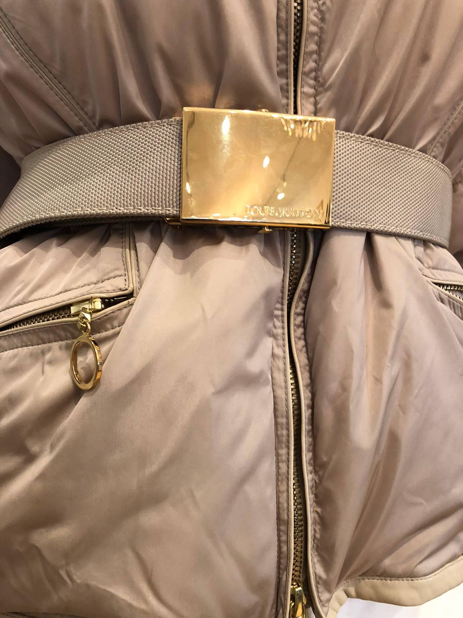 Louis Vuitton Goose Down Jacket with Rabbit Fur Collar and Belt.