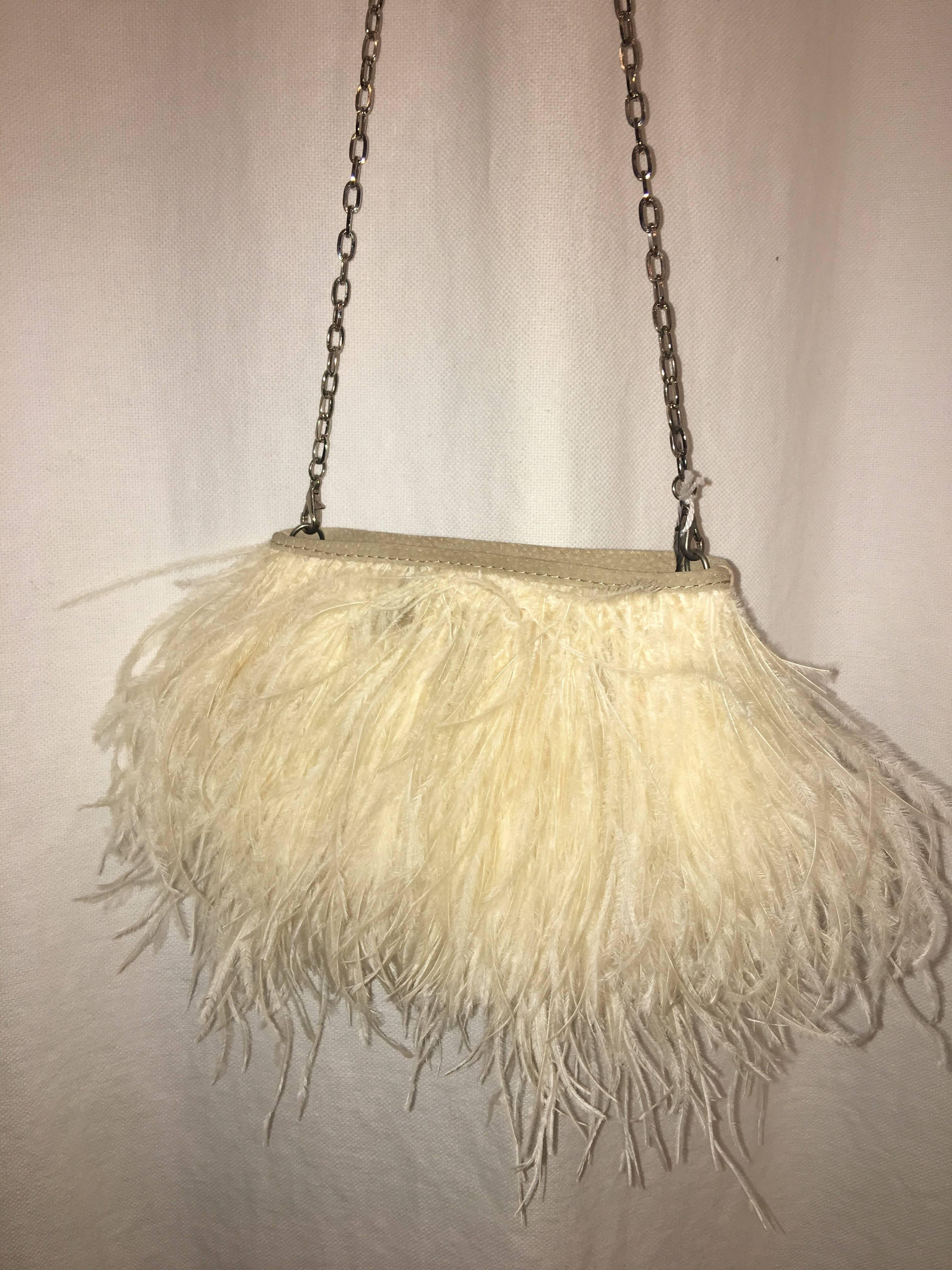 African Made Ostrich Feather Evening Bag with Silver Chain and White Suede.
