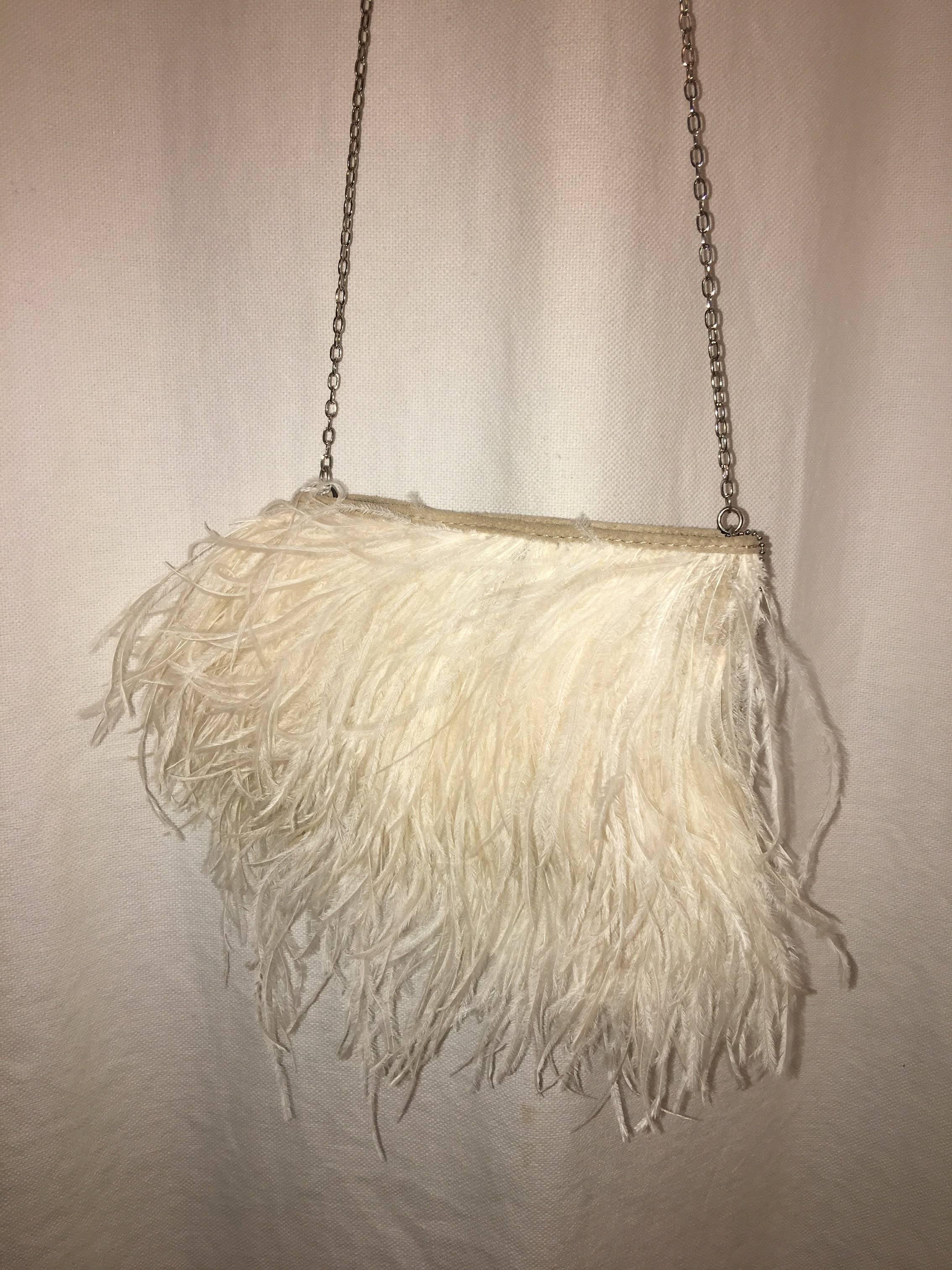African Made Ostrich Feather Evening Bag with Silver Chain and White Suede.
