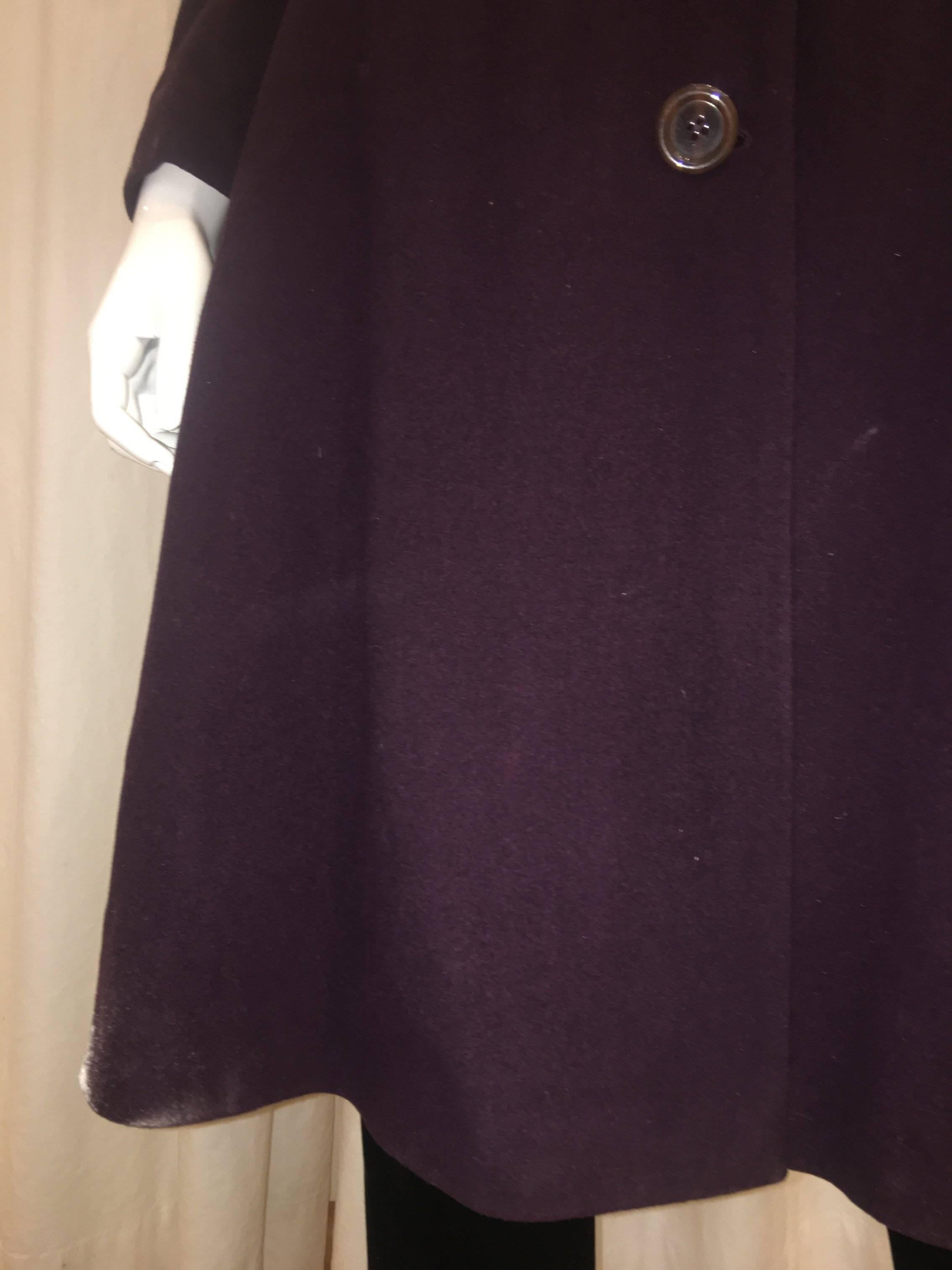 Marvin Richards Wool Full Length Coat with 8 Button Closure in Eggplant.