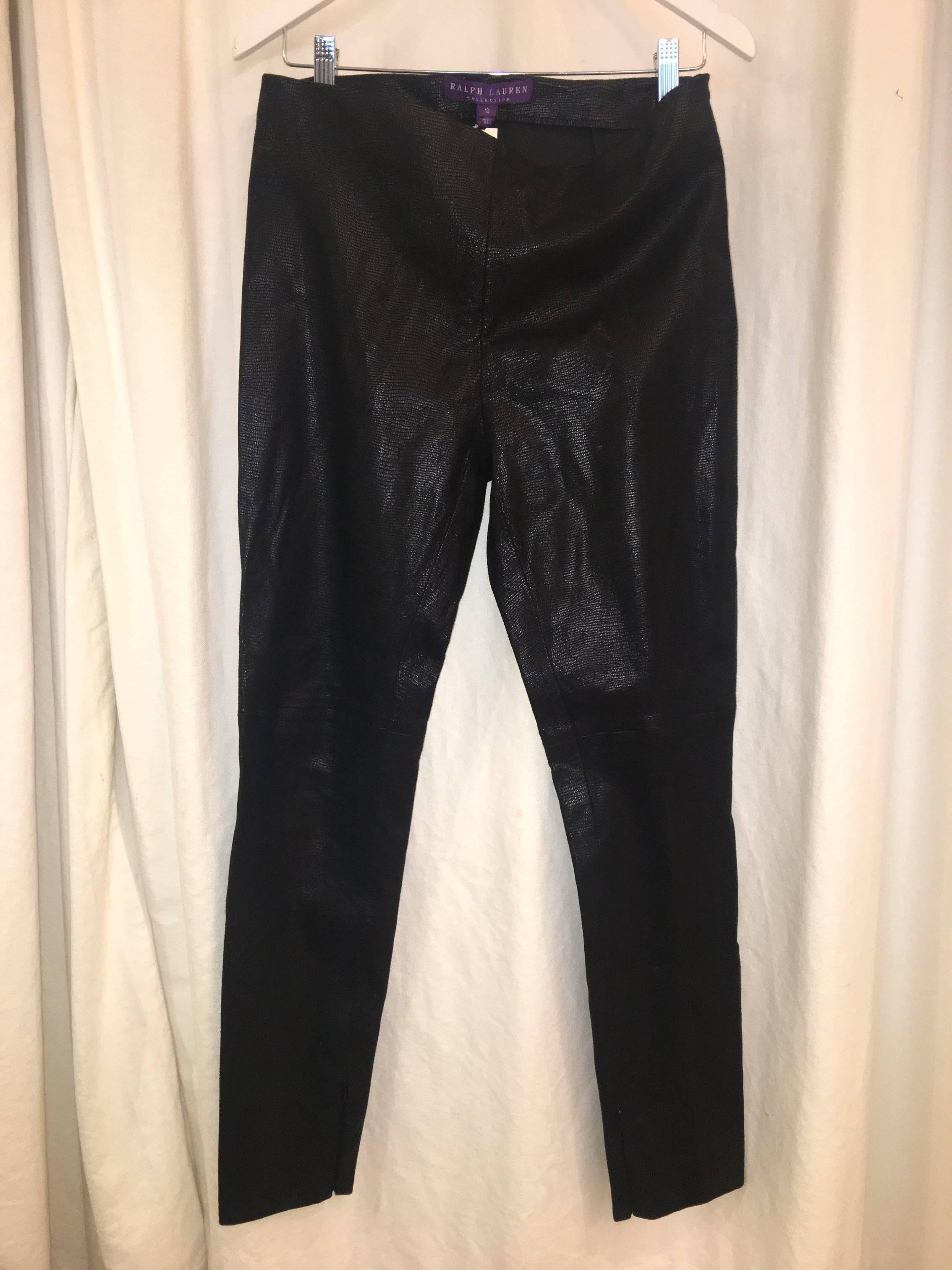 Ralph Lauren Black Lamb Leather Embossed Skinny Leg Pants with Zipper at Ankles. Retails at $1000