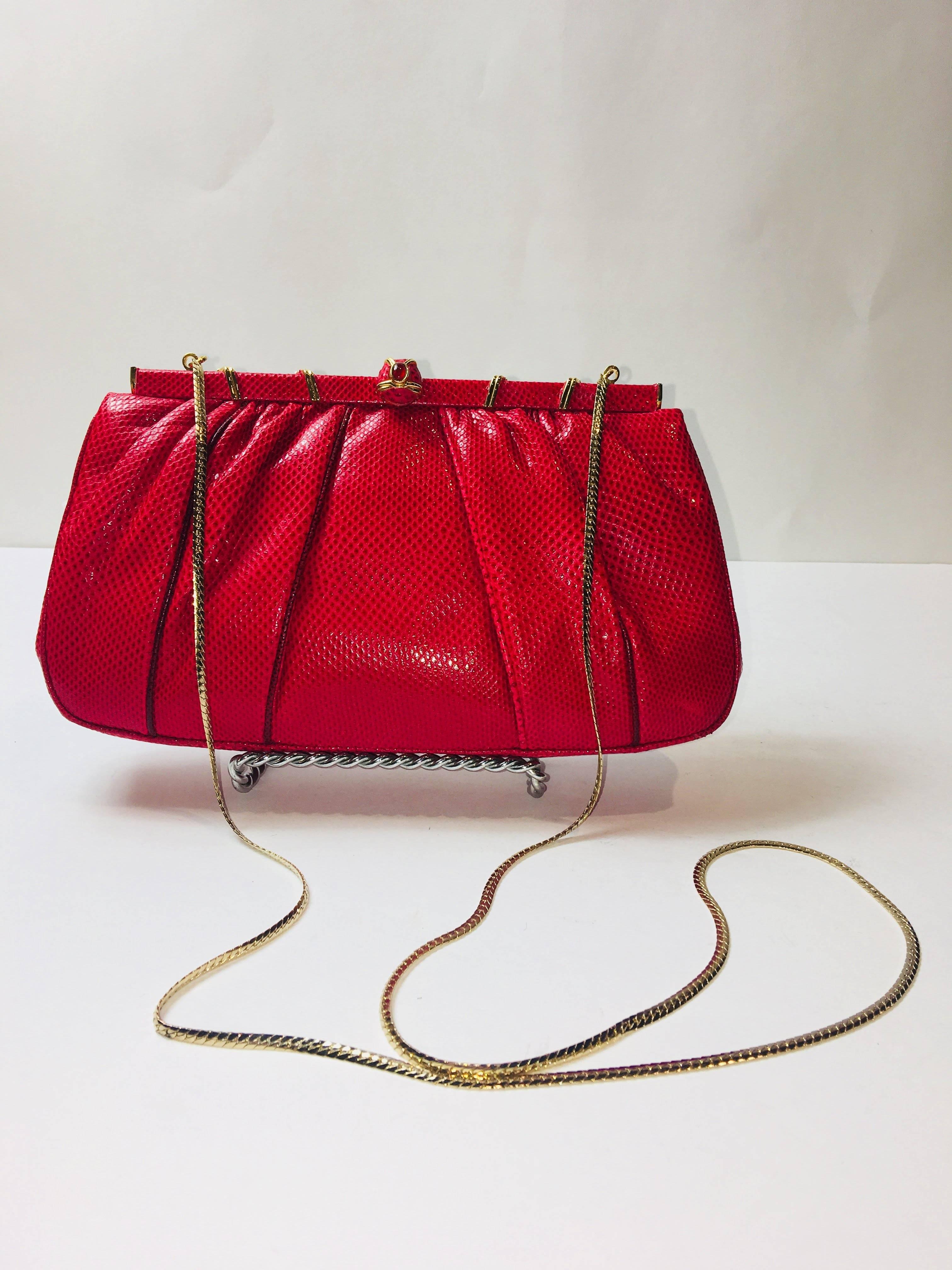 Judith Leiber Small Red Leather Clutch with Jeweled Snap Closure, Gold Hardware and Chain Shoulder Strap