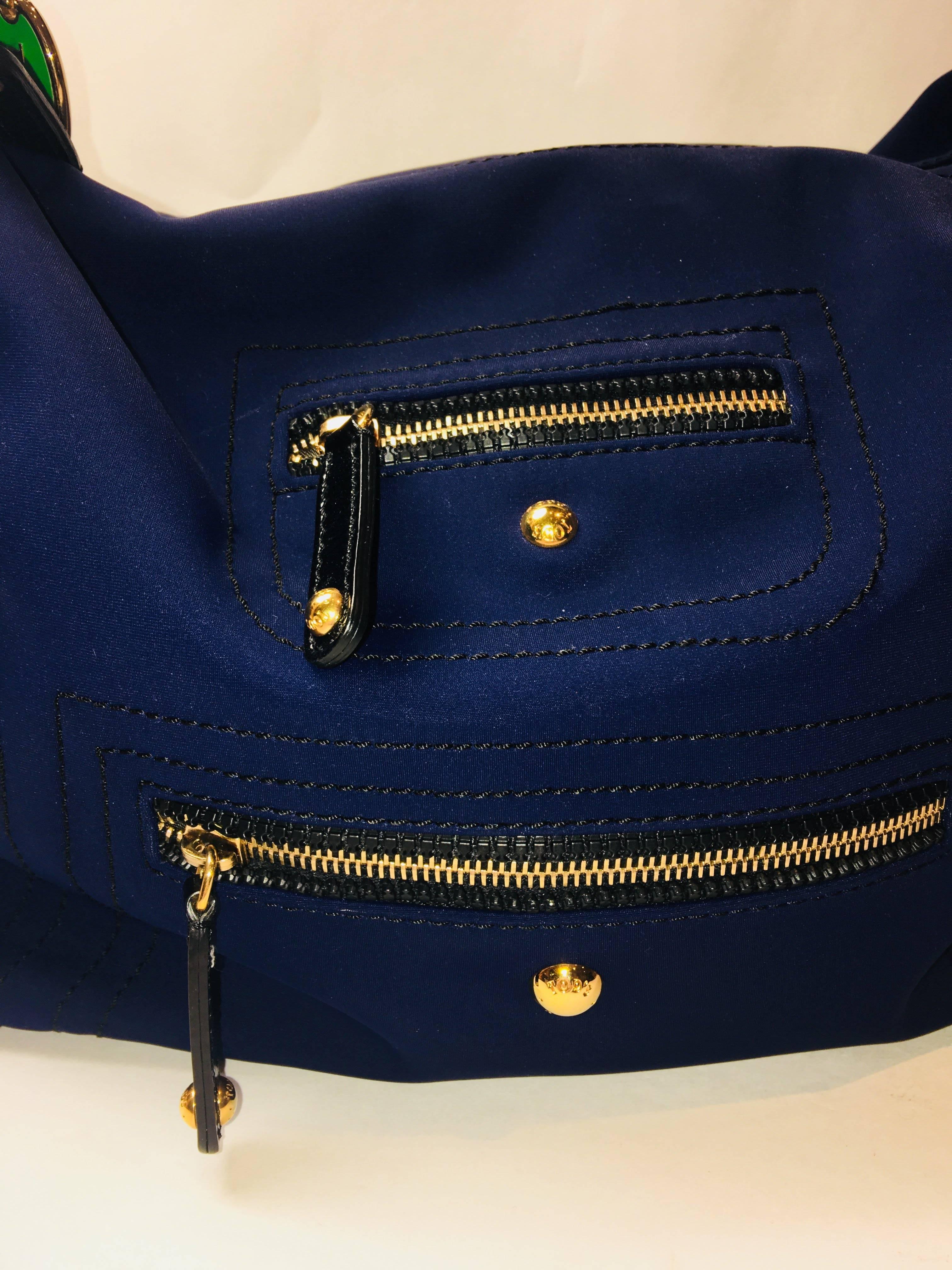 Tods Pashmy Phyton Bag in Navy Nylon, Single black Patent Leather Strap, Zip Top, and Gold Hardware.