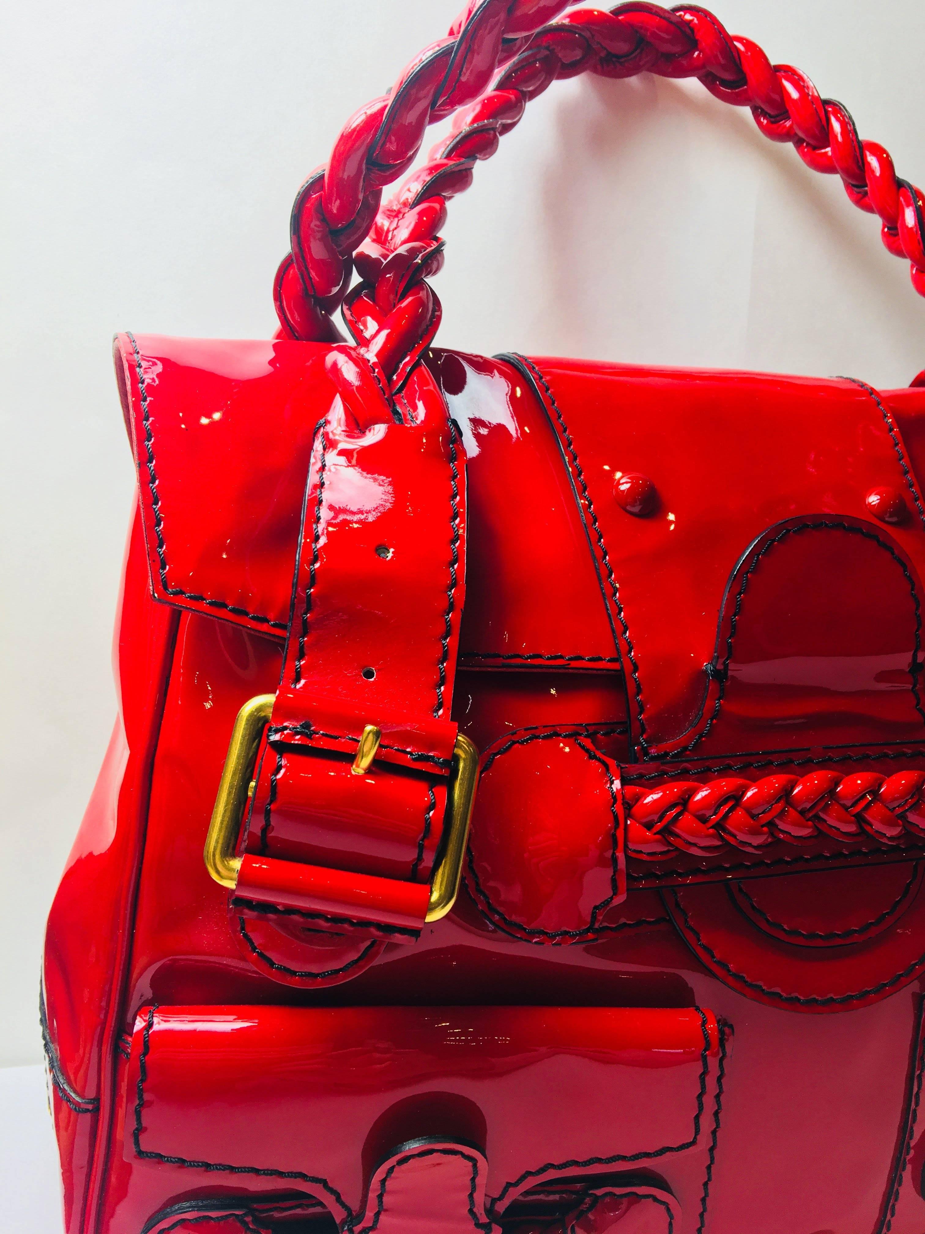 Valentino 'Histoire' Red Patent Leather Handbag with Braided Double Handle, Flap, and Gold Hardware