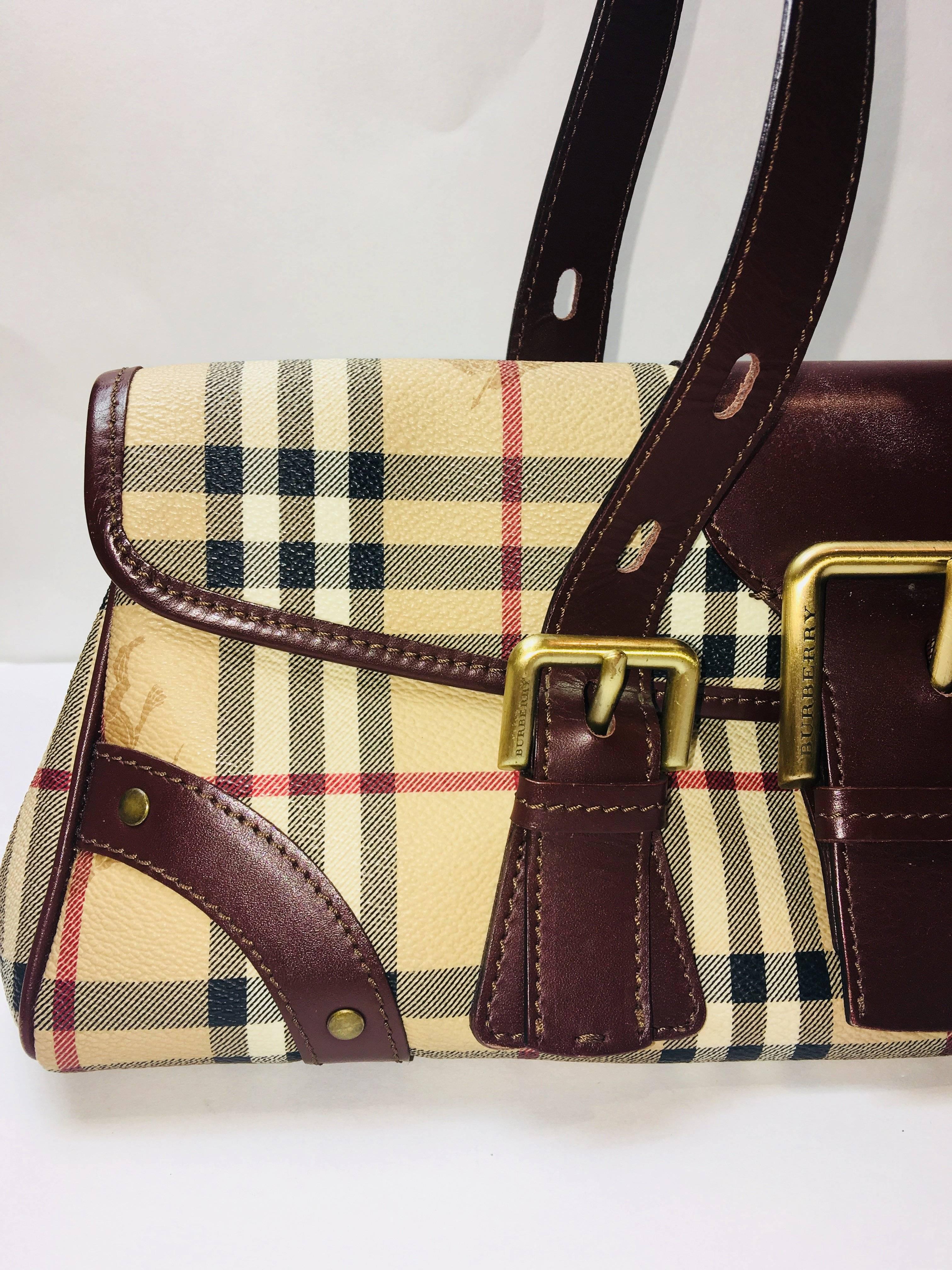 Burberry Nova Check Pattern Satchel Bag with Brown Leather Trim Throughout. 