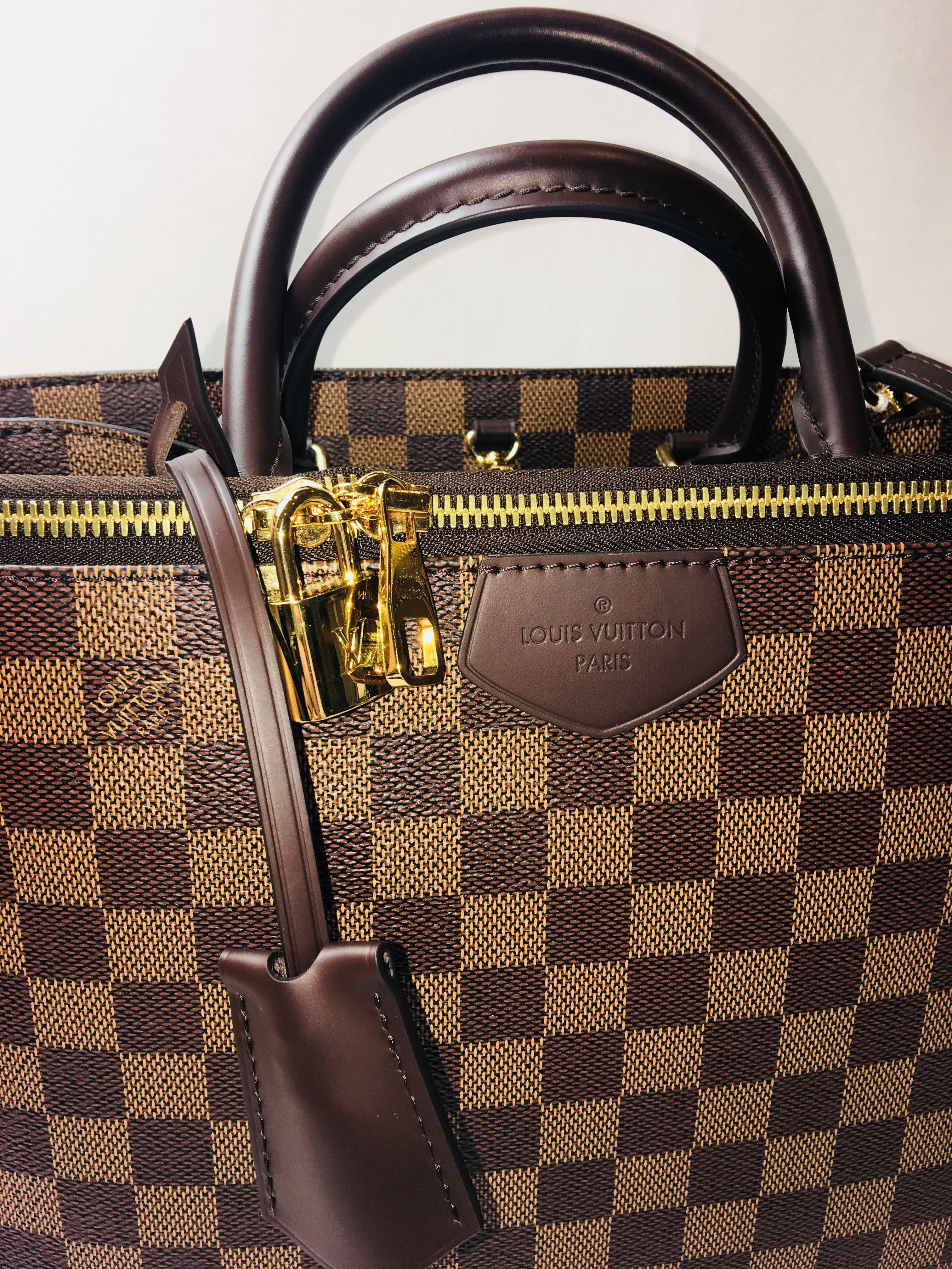 Louis Vuitton Double Handle Bag with Long Crossbody Strap, Side Zipper, Damier Ebene and Box.