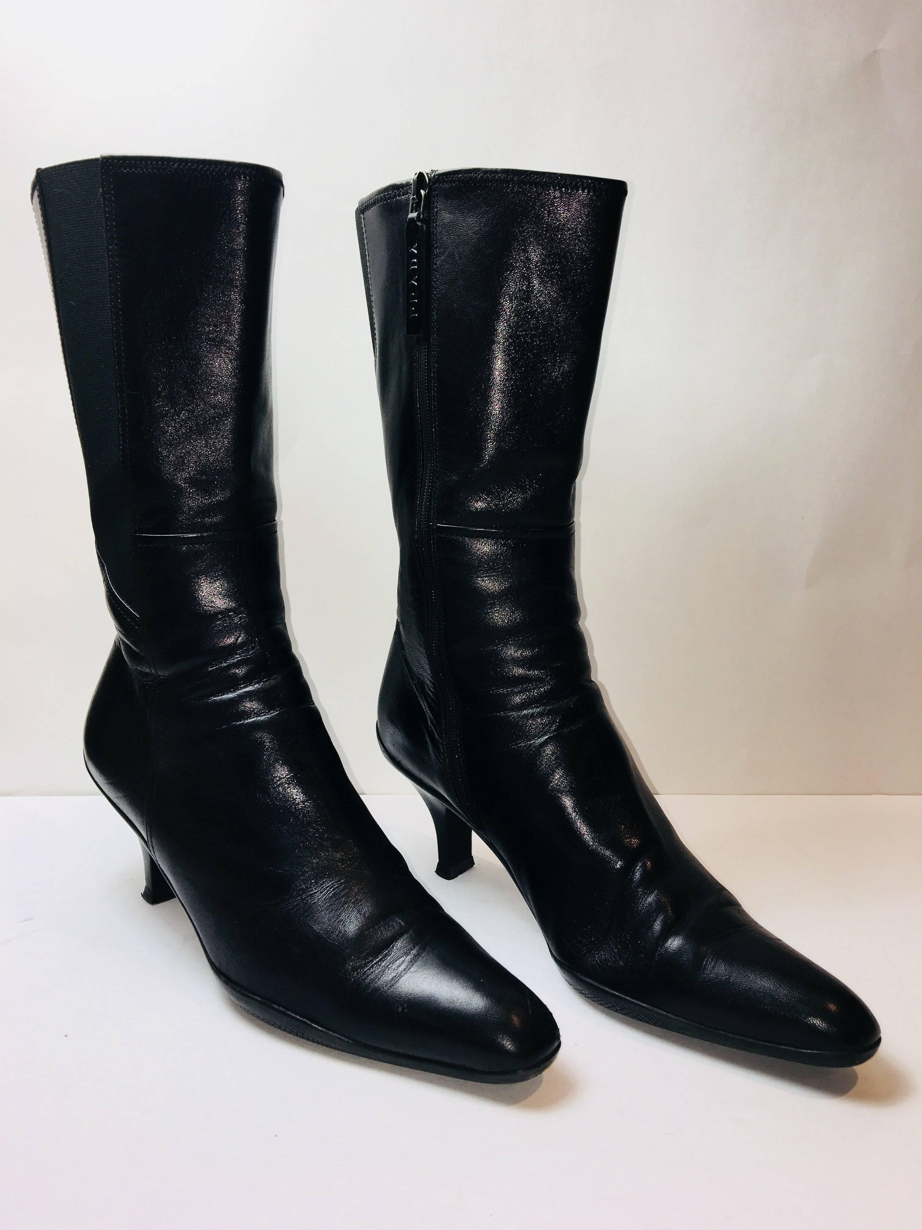 Prada Mid Calf Boots with Elastic Panels at Back and Side Zippers and Low Heel.