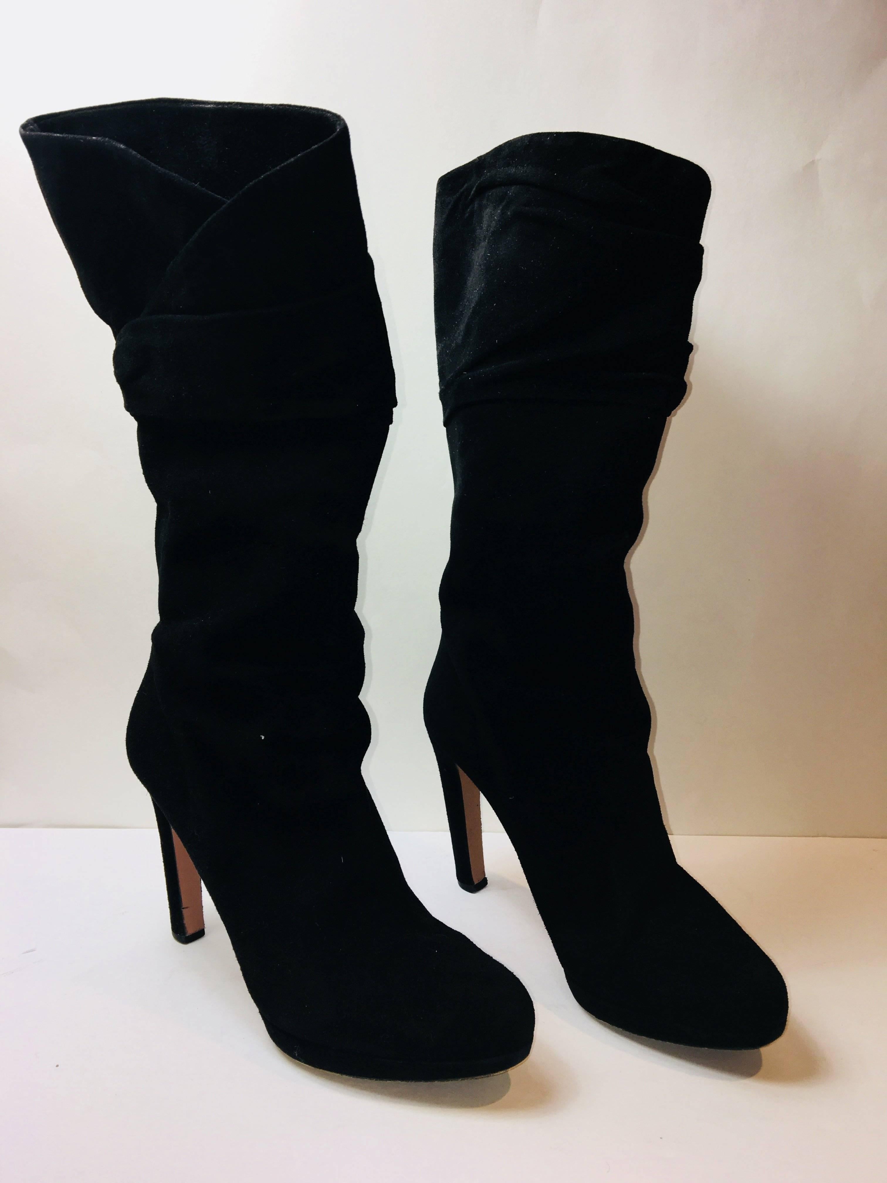 Prada Mid Calf Suede Boot with High Heel and Folded Detail at Calf.