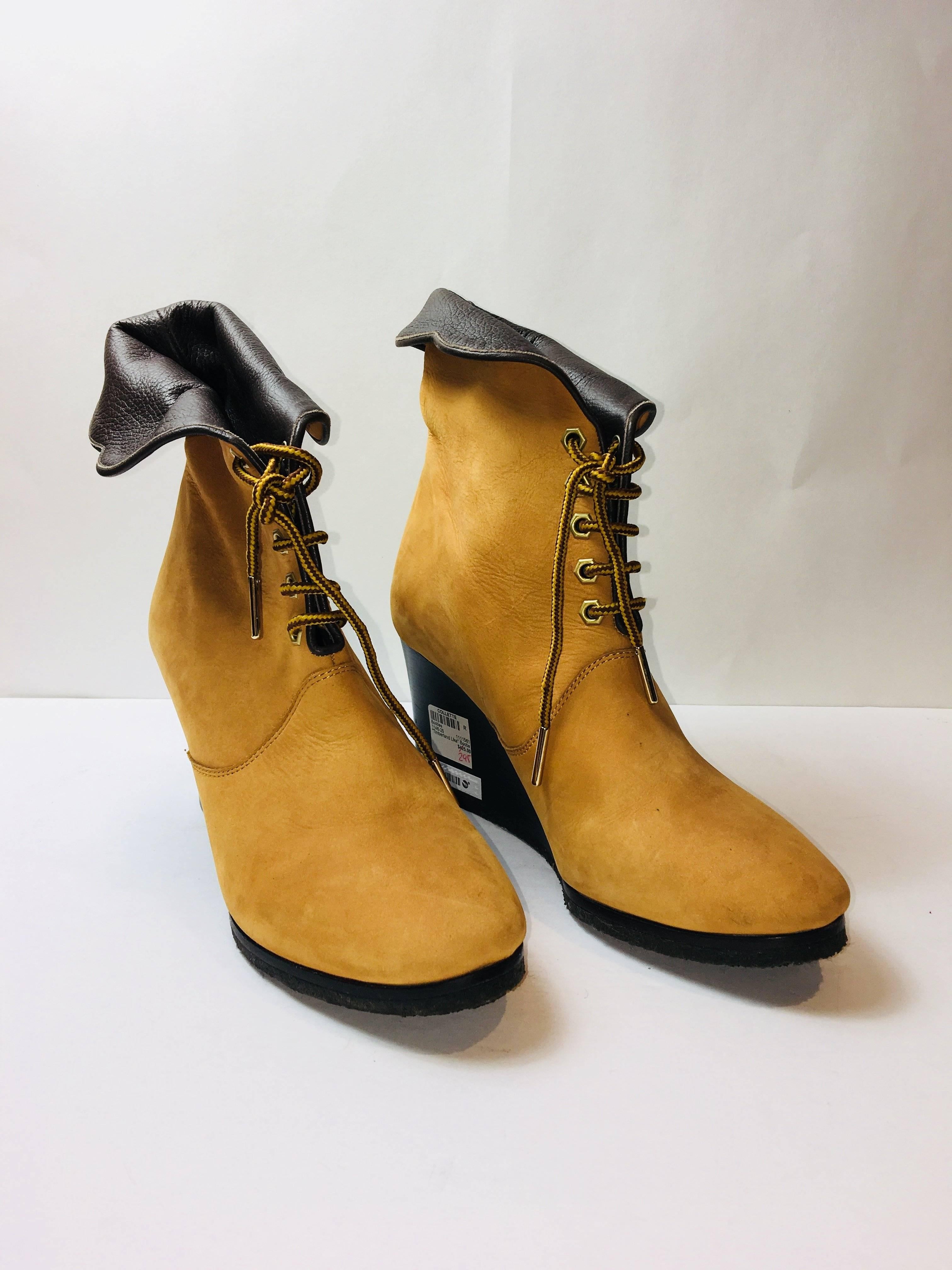 Chloe Tan Leather Wedge Booties with Dark Brown Interior,  "Timberland" Style and Wedge Heel.