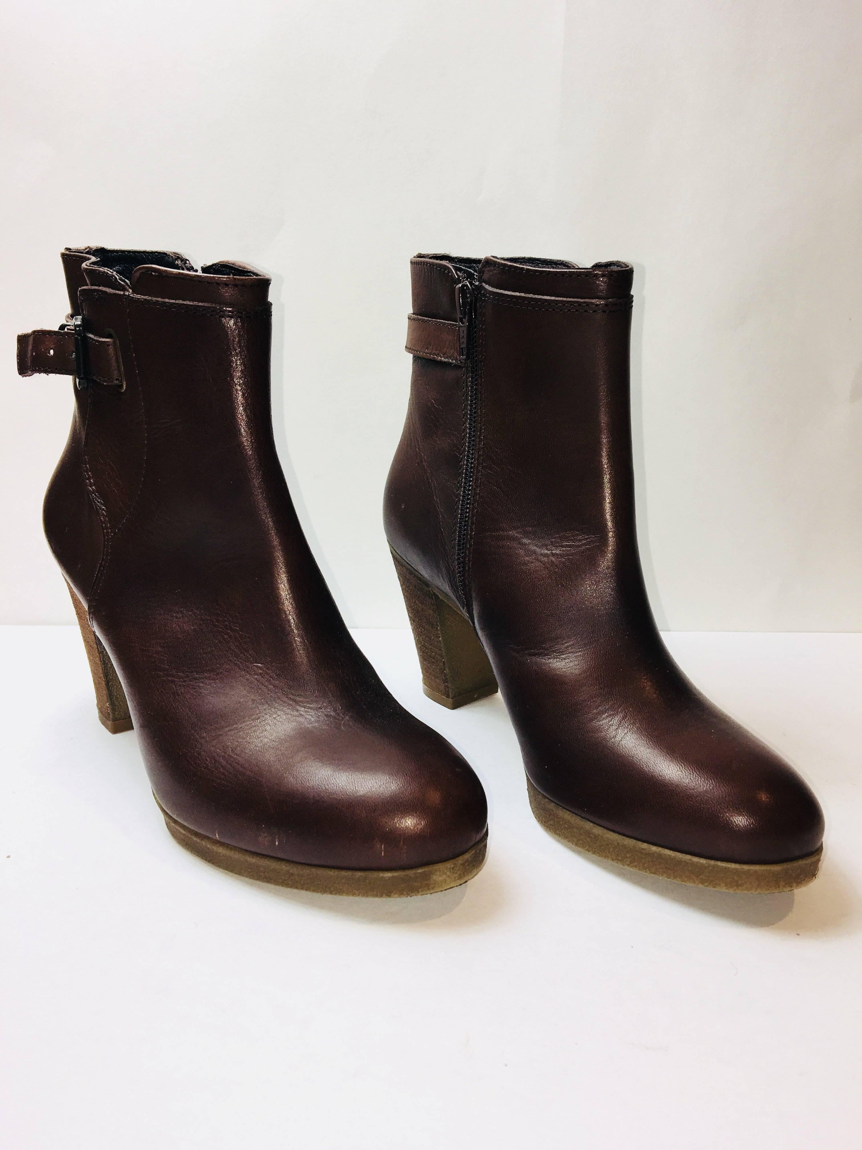 Barneys New York Brown Leather Booties with Ankle Buckle and Side Zips.