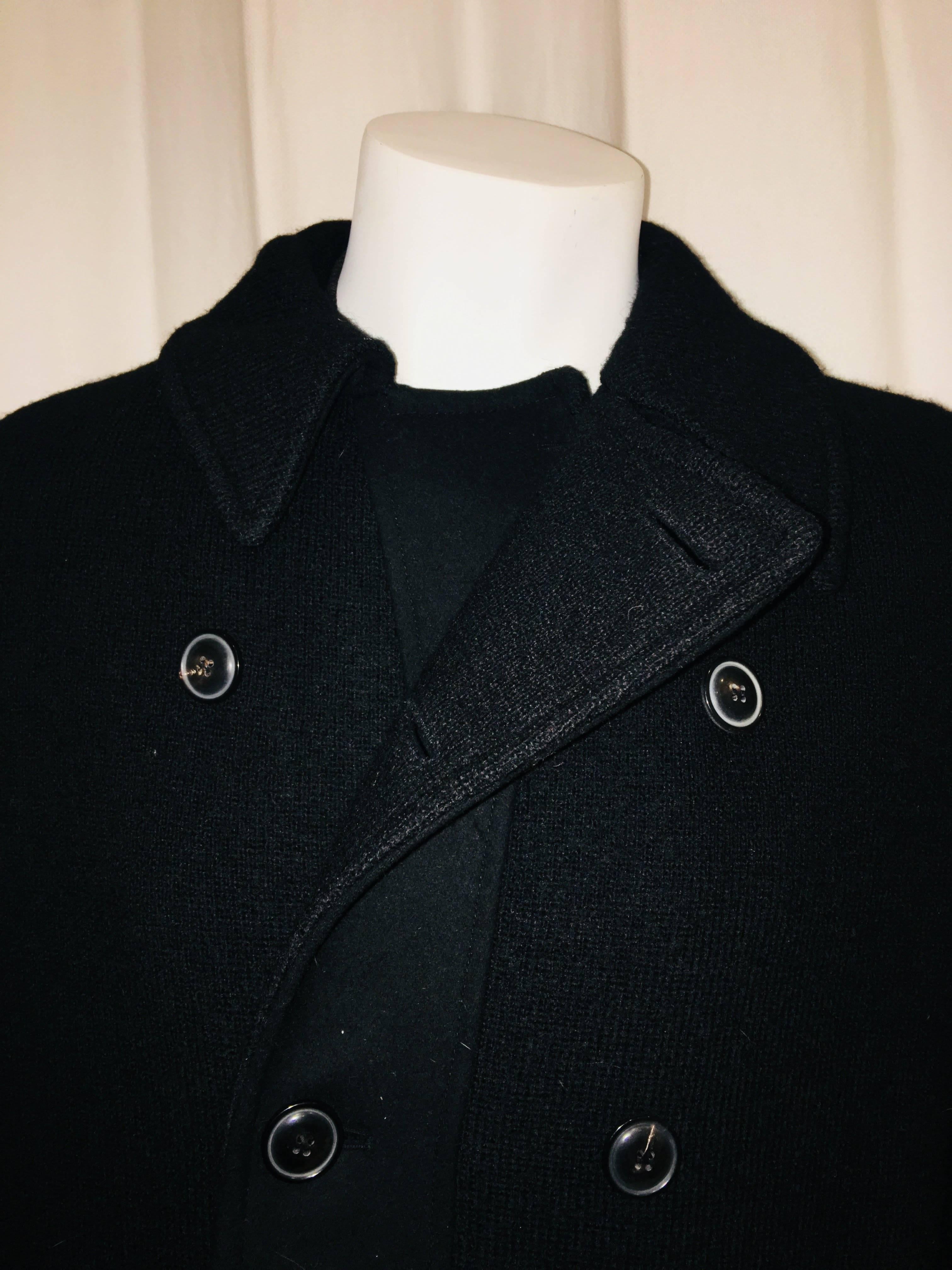 Giorgio Armani Double Breasted Black Wool Blend Knit Peacoat