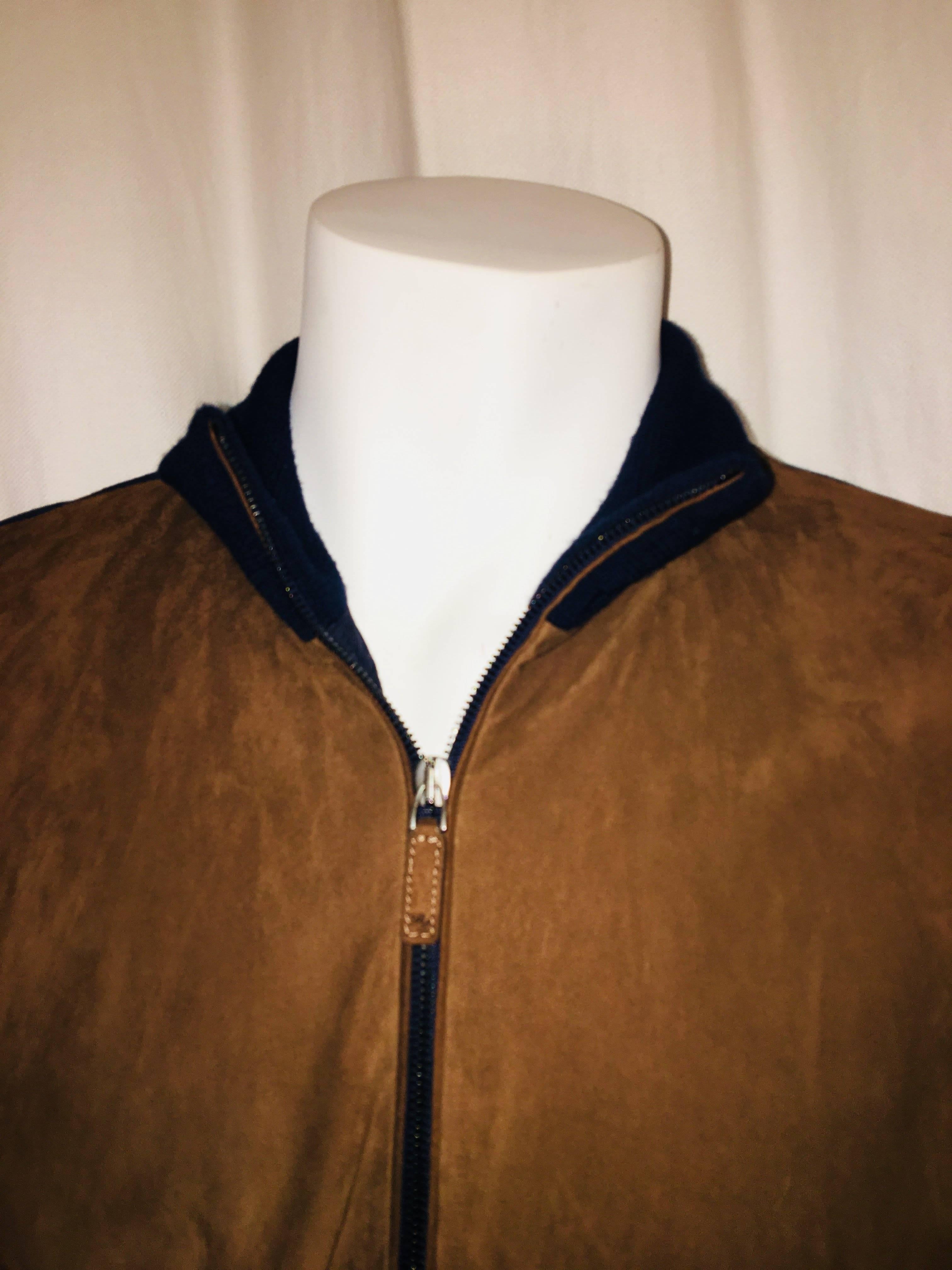 Ralph Lauren Brown Leather Panel Jacket, Zip up with Navy Color Block Sleeves and Zip Pockets.
