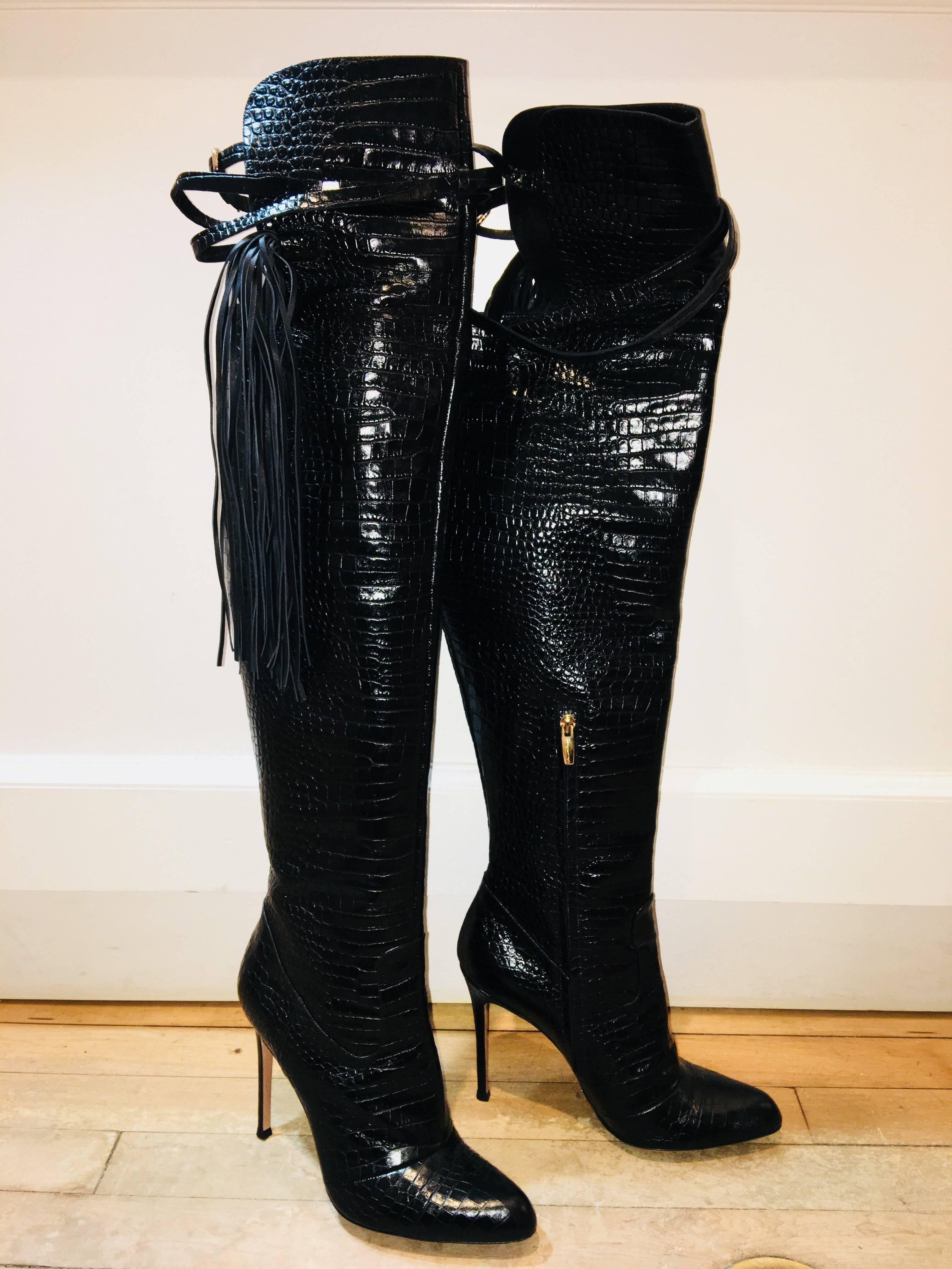 Gianvito Rossi Croc-Embossed Thigh High Boots with Stiletto Heel, Side Zippers and Tassel.