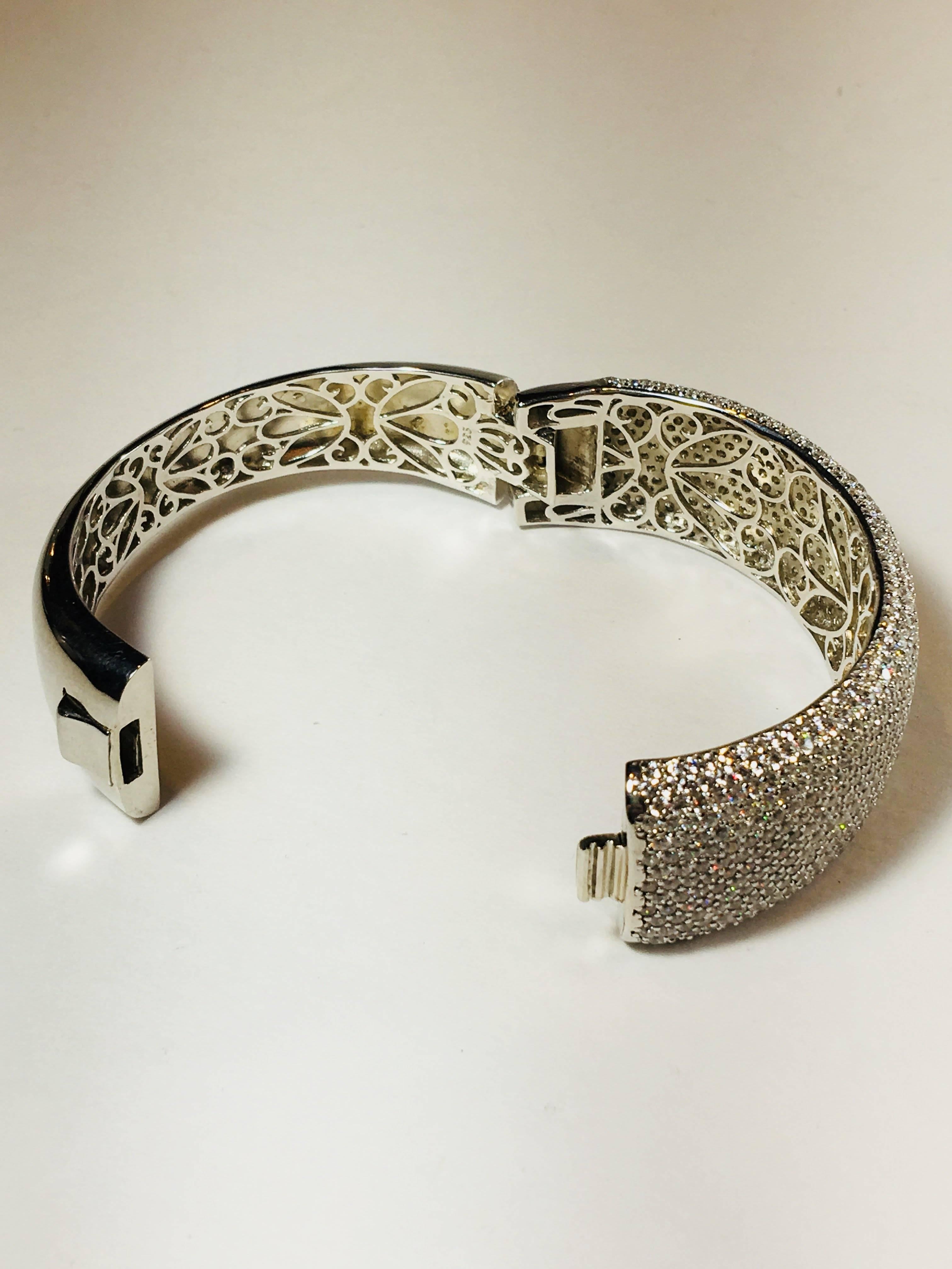 Multi Row Pave Wide Hinged Cuff, CZ, Silver.