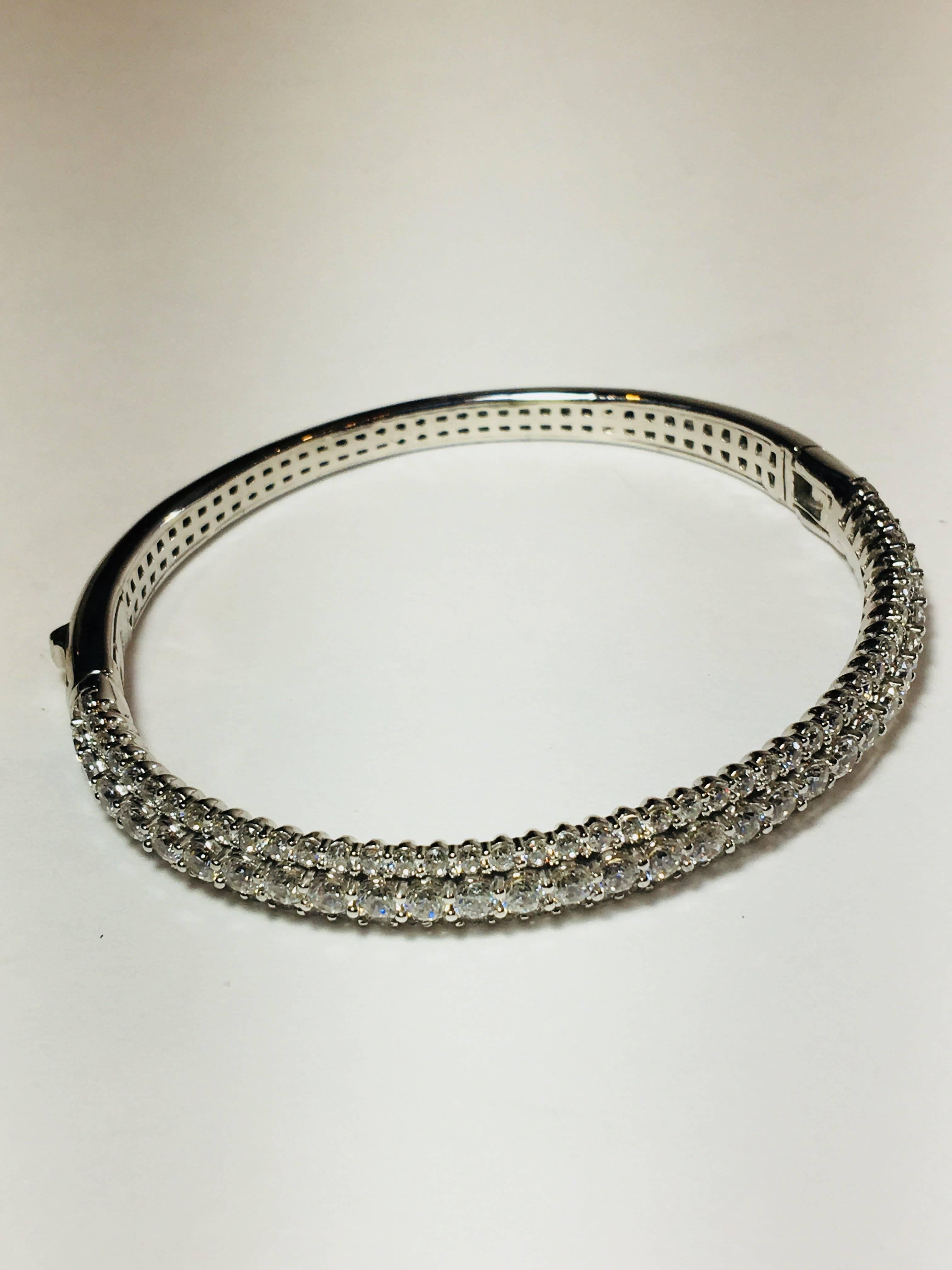 3 Row Pave Hinged Oval Bangle in Silver, CZ.