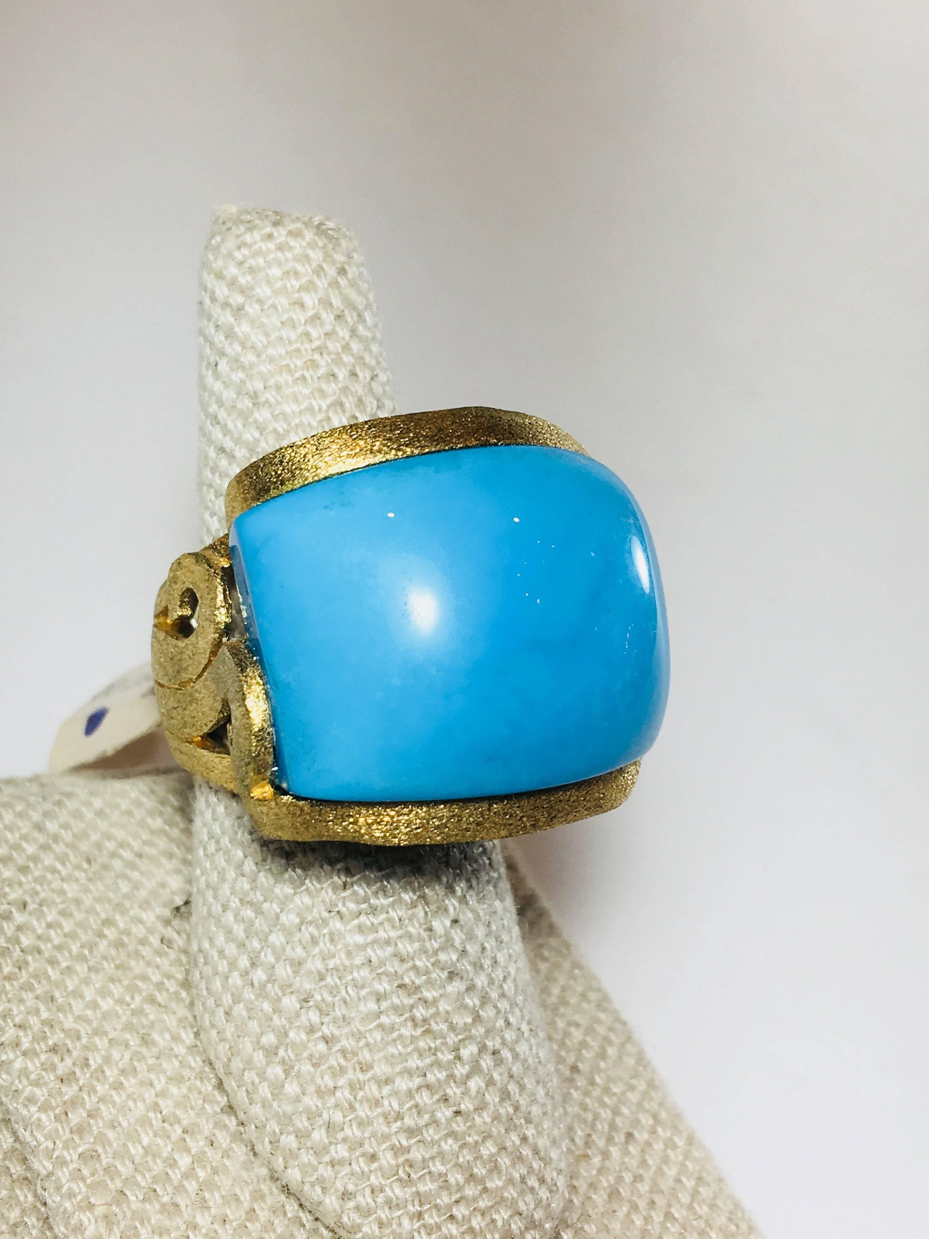 Large East West Vermeil Turquoise Ring with Gold Hardware.