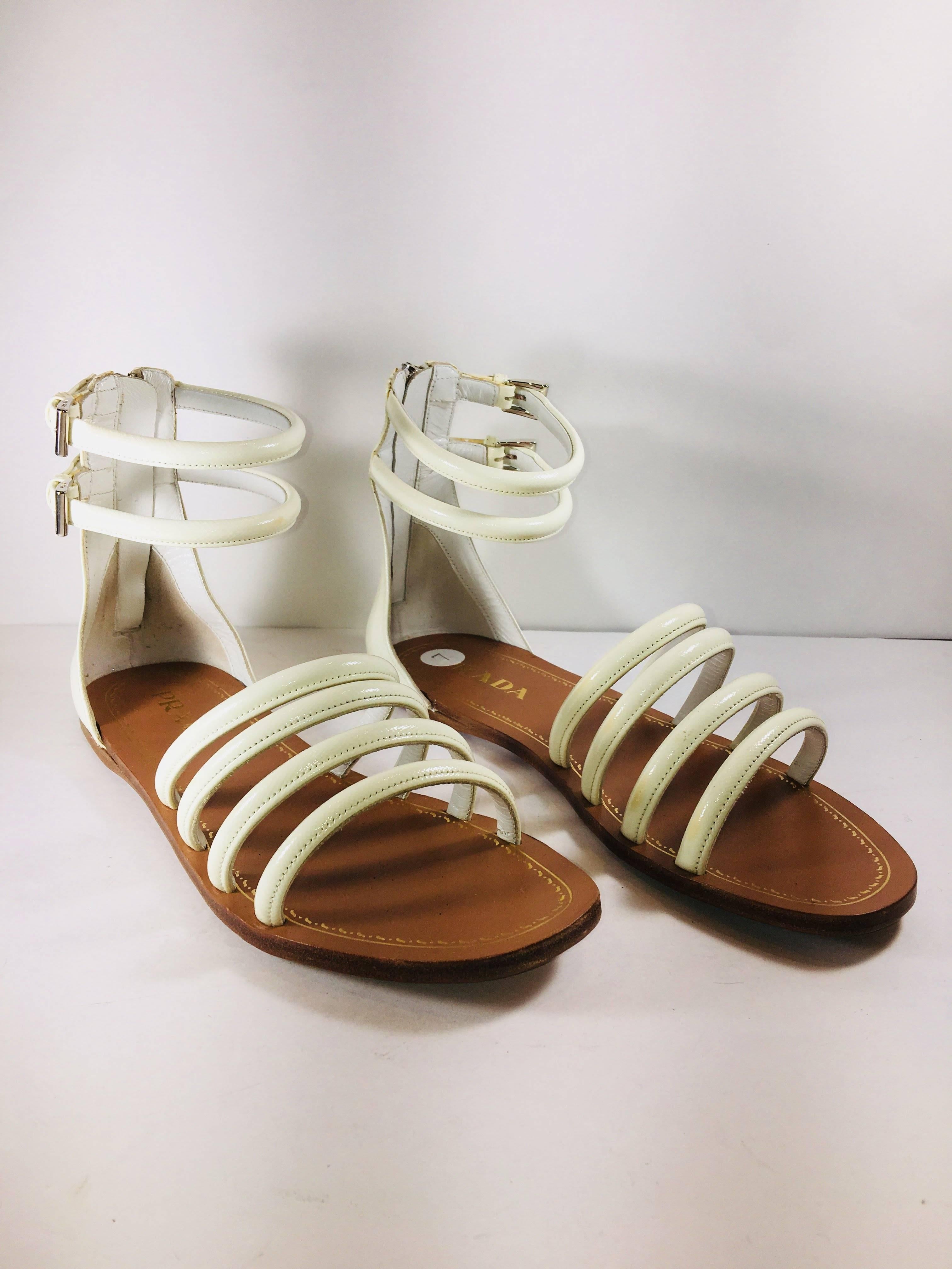 Prada Open Toe Sandal with White Double Ankle Strap with Buckles and Back Zipper.